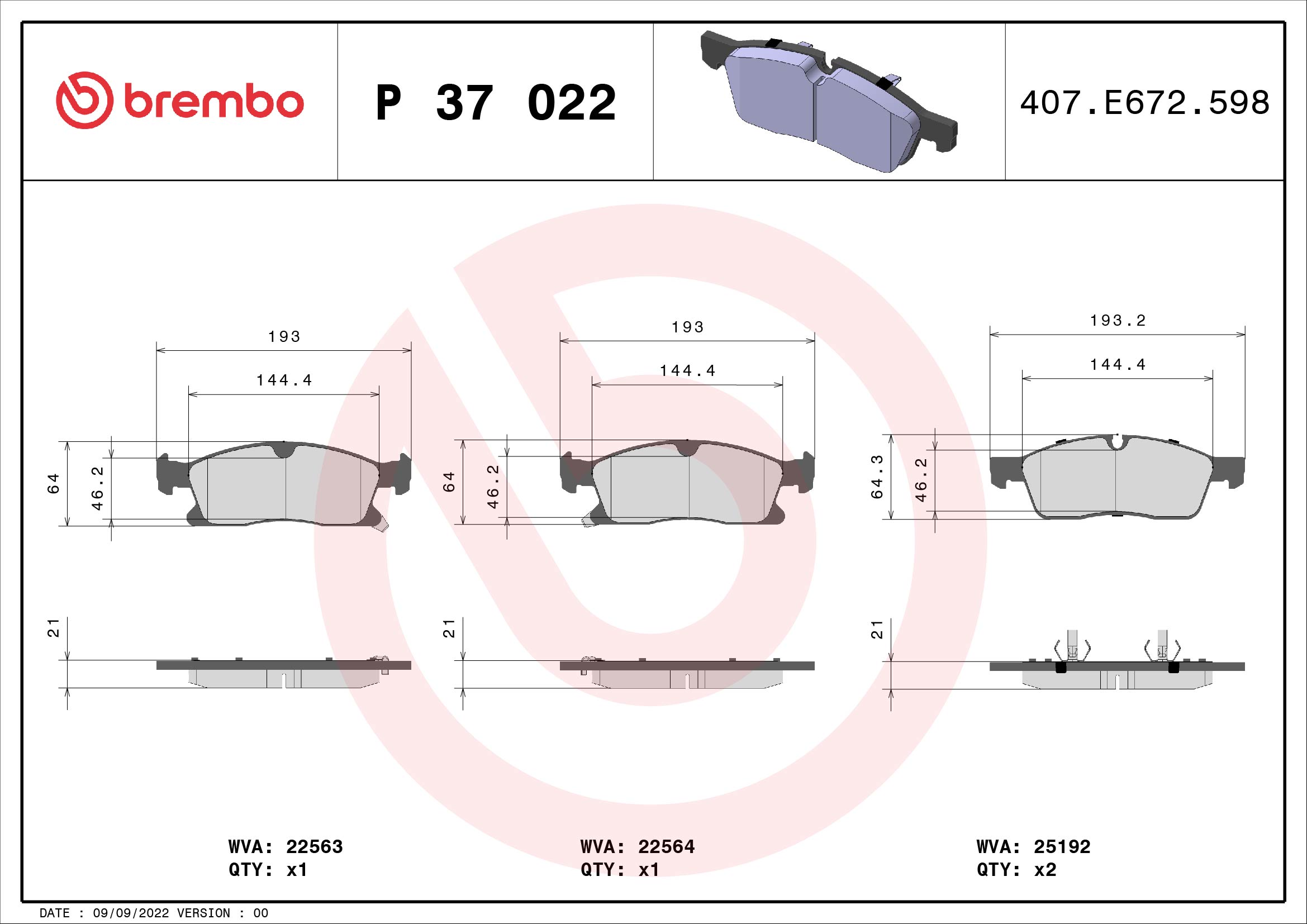 Jeu de 4 plaquettes de frein BREMBO ref. P 37 022