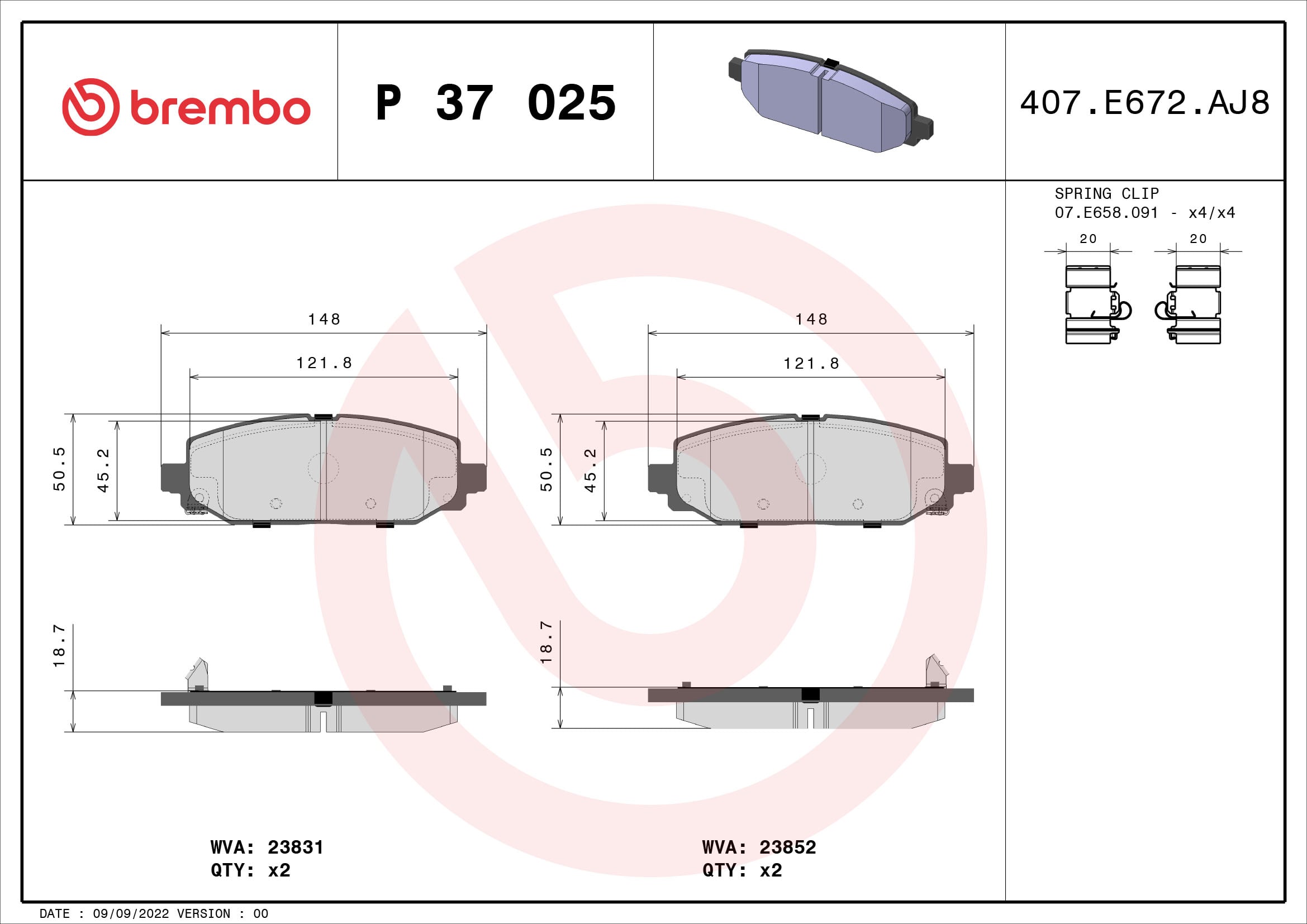 Jogo de 4 pastilhas de travão BREMBO ref. P 37 025