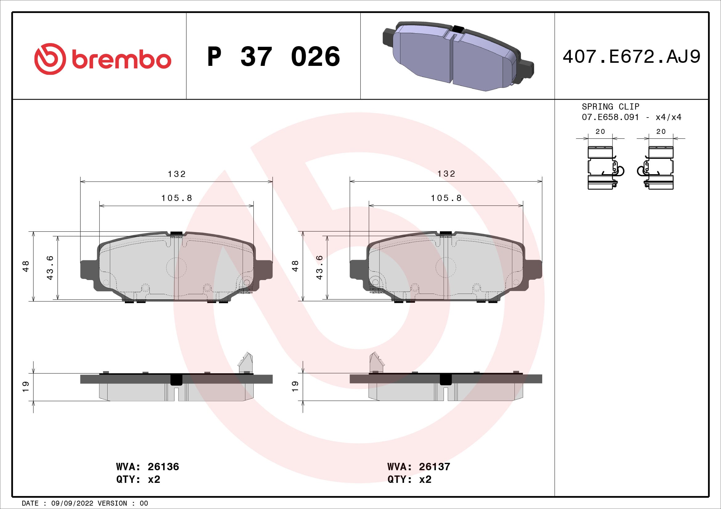 Jogo de 4 pastilhas de travão BREMBO ref. P 37 026