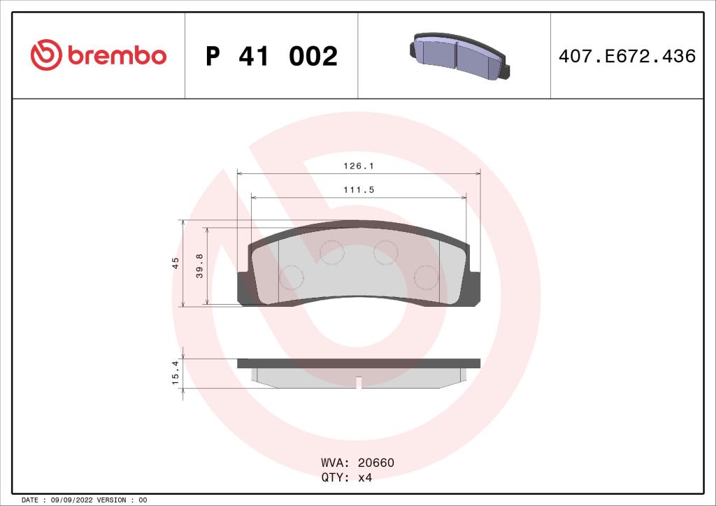 Jogo de 4 pastilhas de travão BREMBO ref. P 41 002