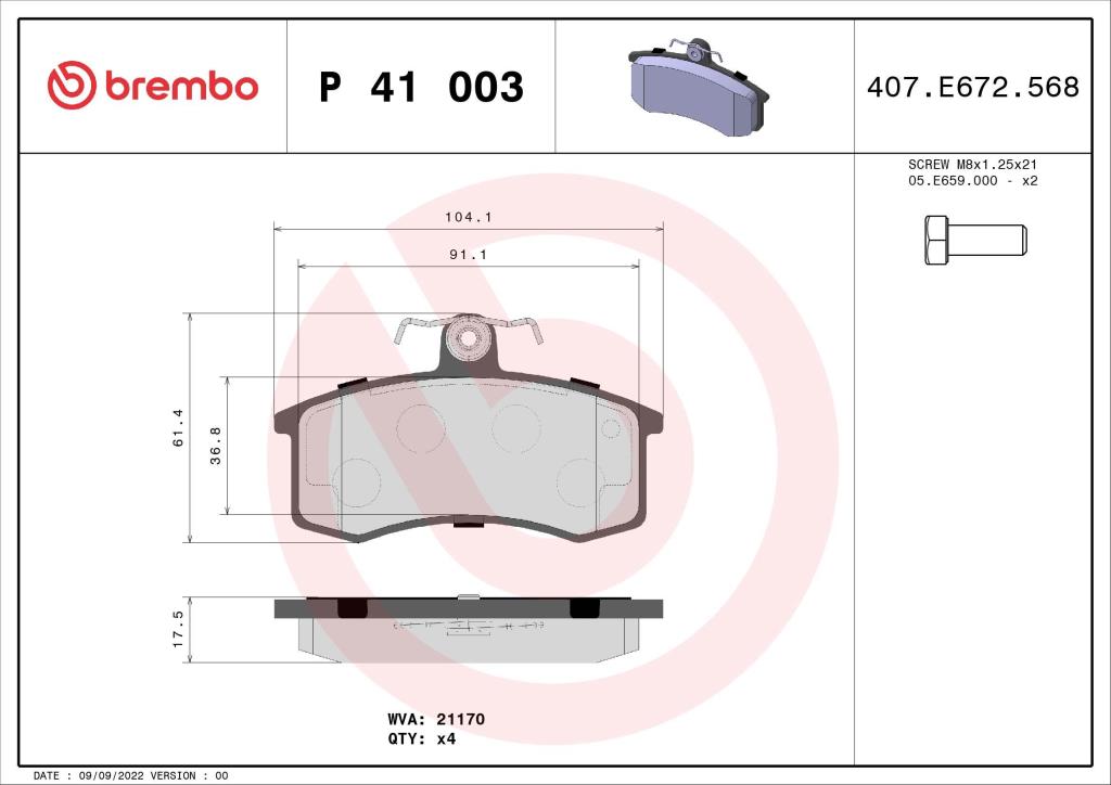 Jogo de 4 pastilhas de travão BREMBO ref. P 41 003