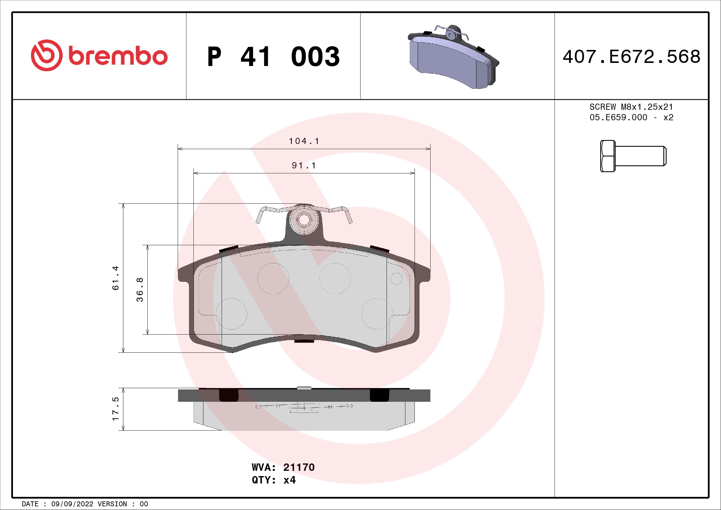 Jogo de 4 pastilhas de travão BREMBO ref. P 41 003