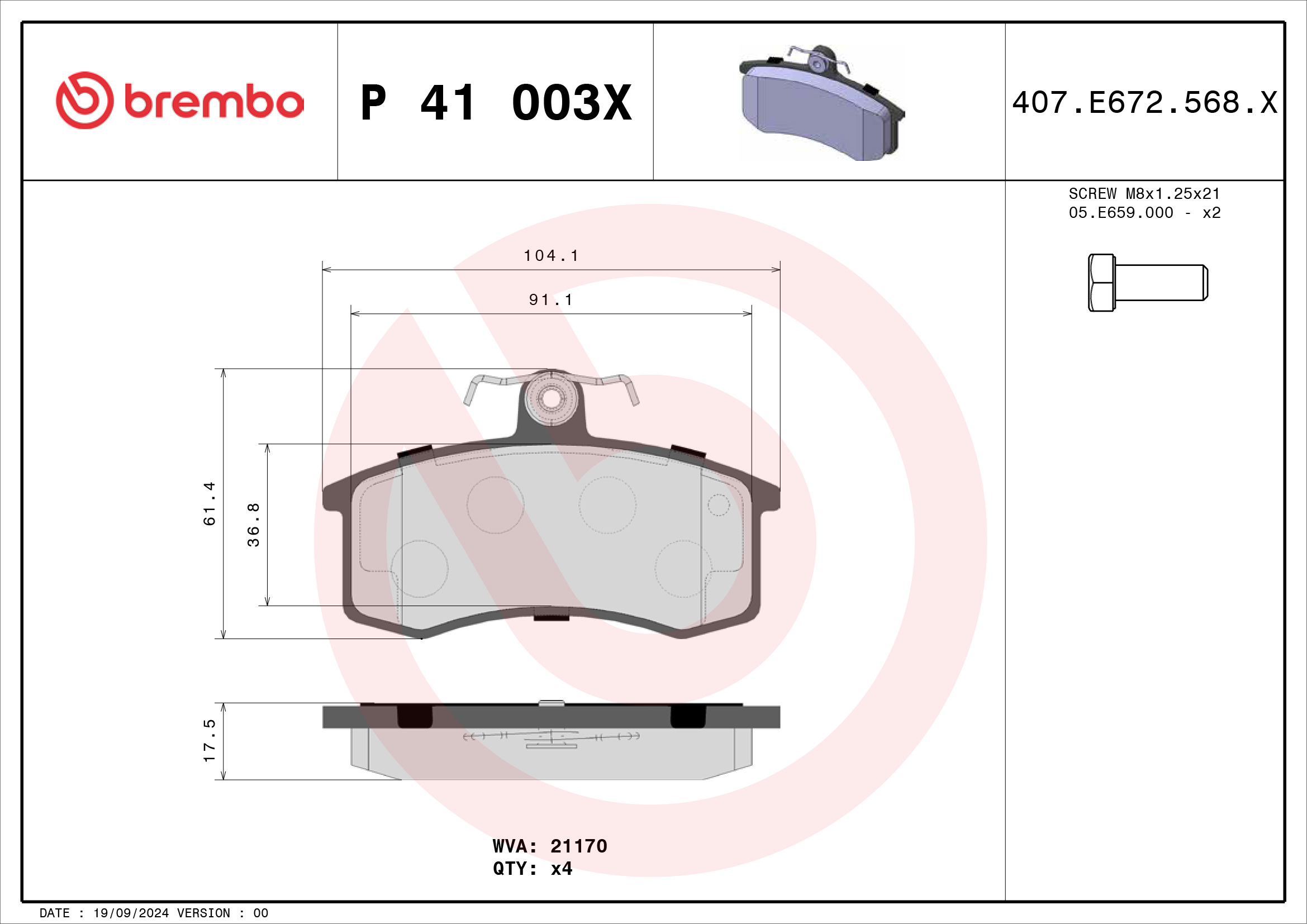 Jogo de 4 pastilhas de travão BREMBO ref. P 41 003X