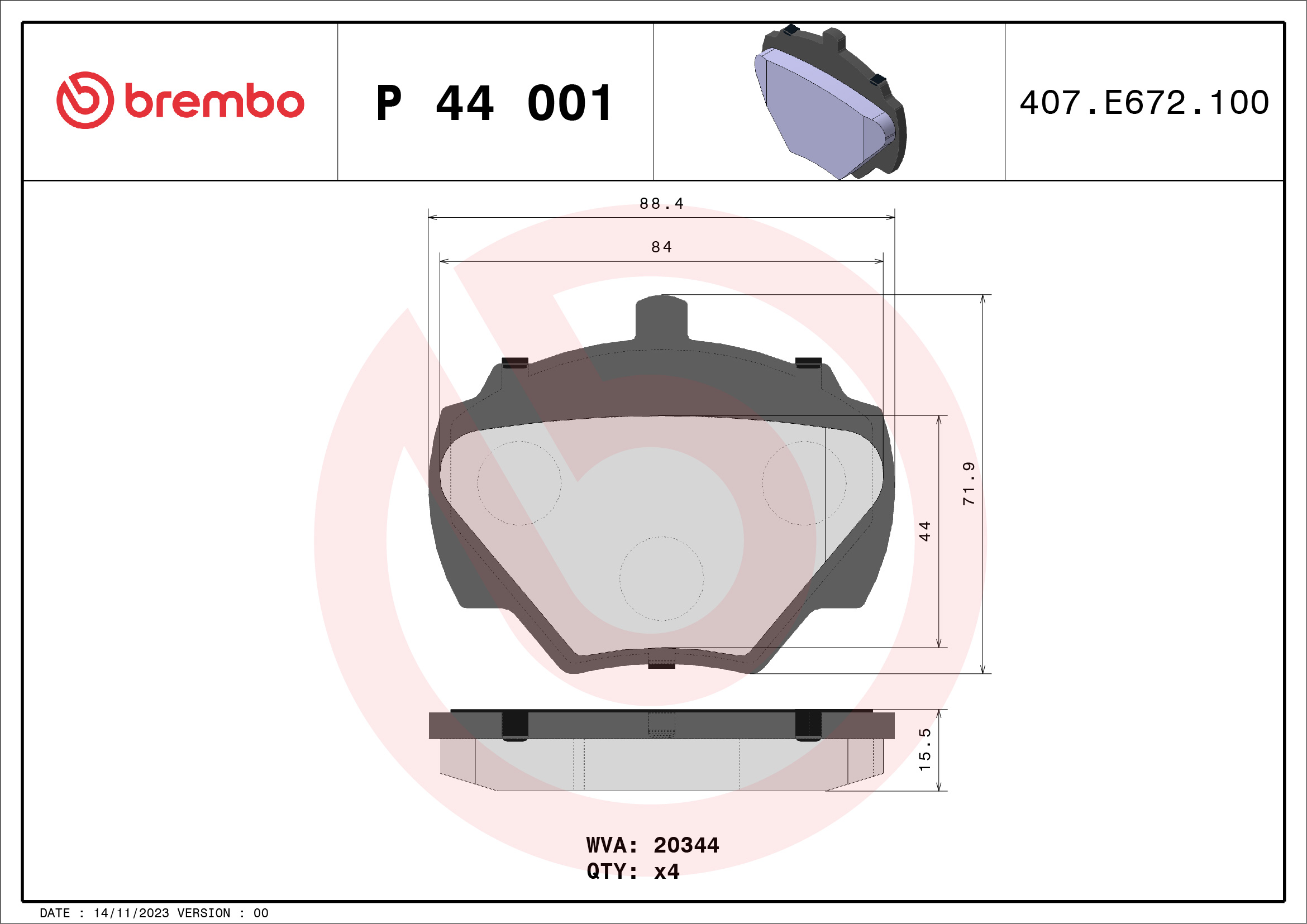 Jogo de 4 pastilhas de travão BREMBO ref. P 44 001