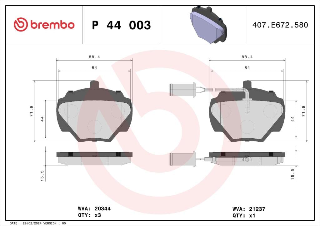 Jogo de 4 pastilhas de travão BREMBO ref. P 44 003
