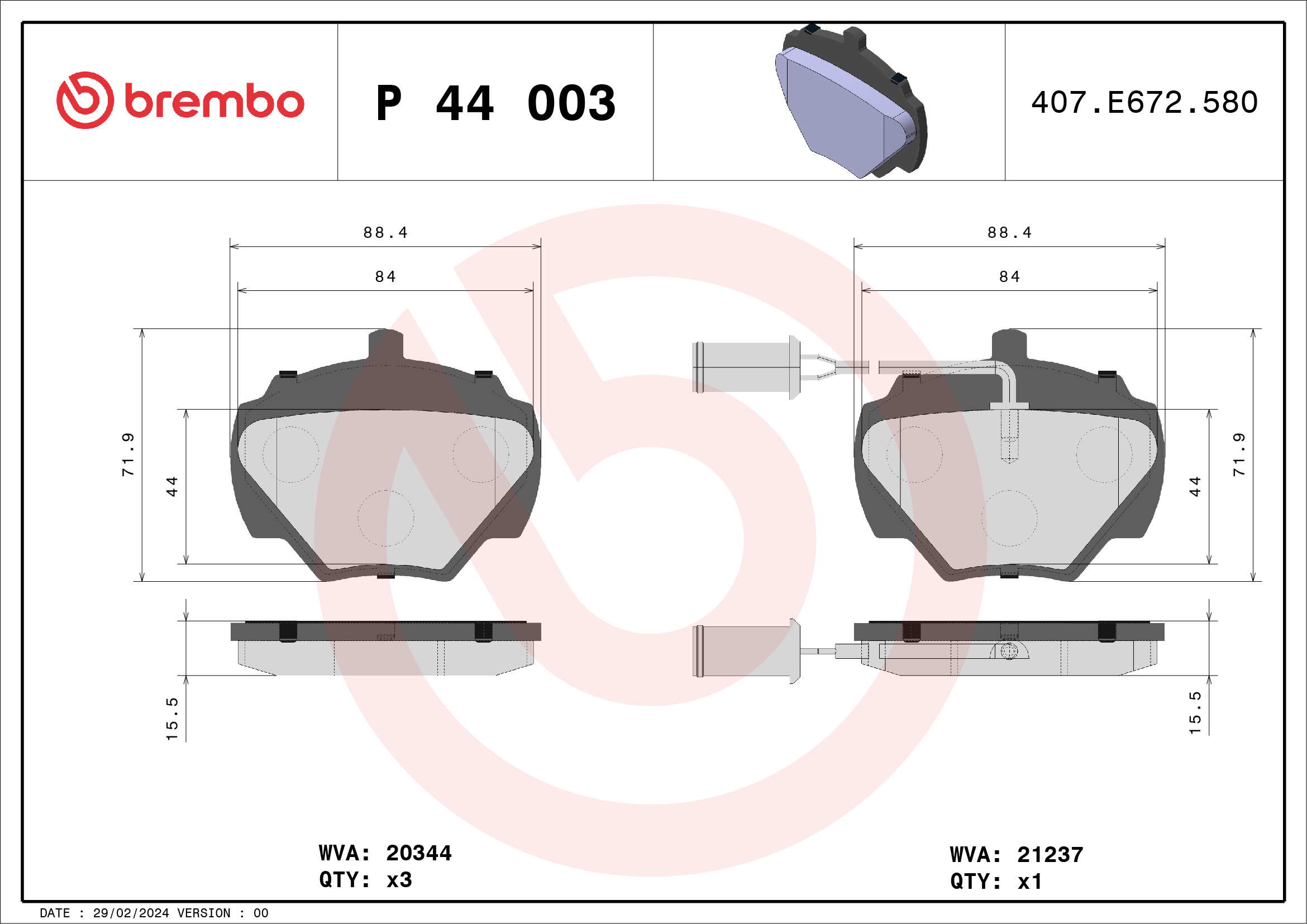 Jogo de 4 pastilhas de travão BREMBO ref. P 44 003