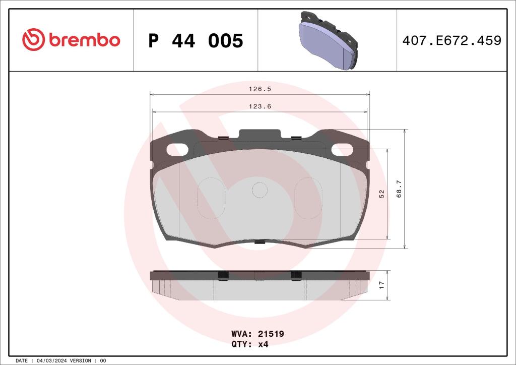 Jeu de 4 plaquettes de frein BREMBO ref. P 44 005