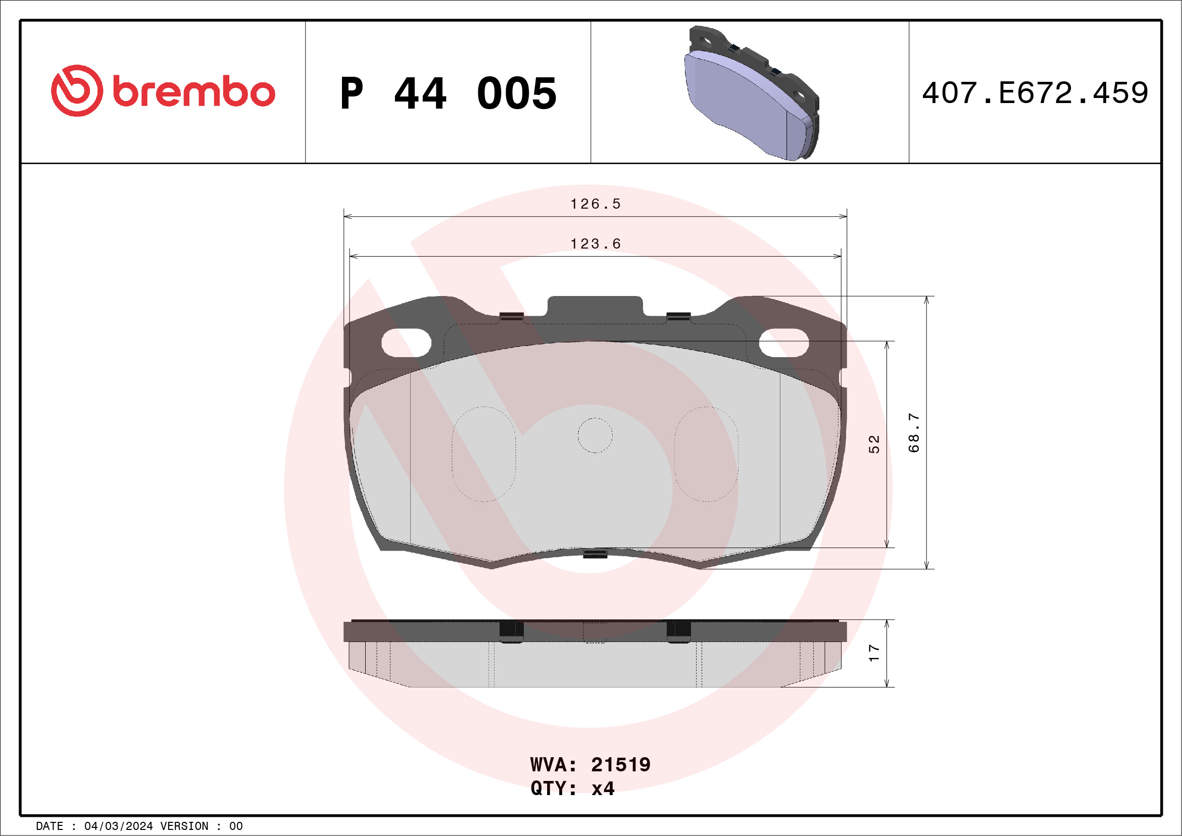 Jeu de 4 plaquettes de frein BREMBO ref. P 44 005