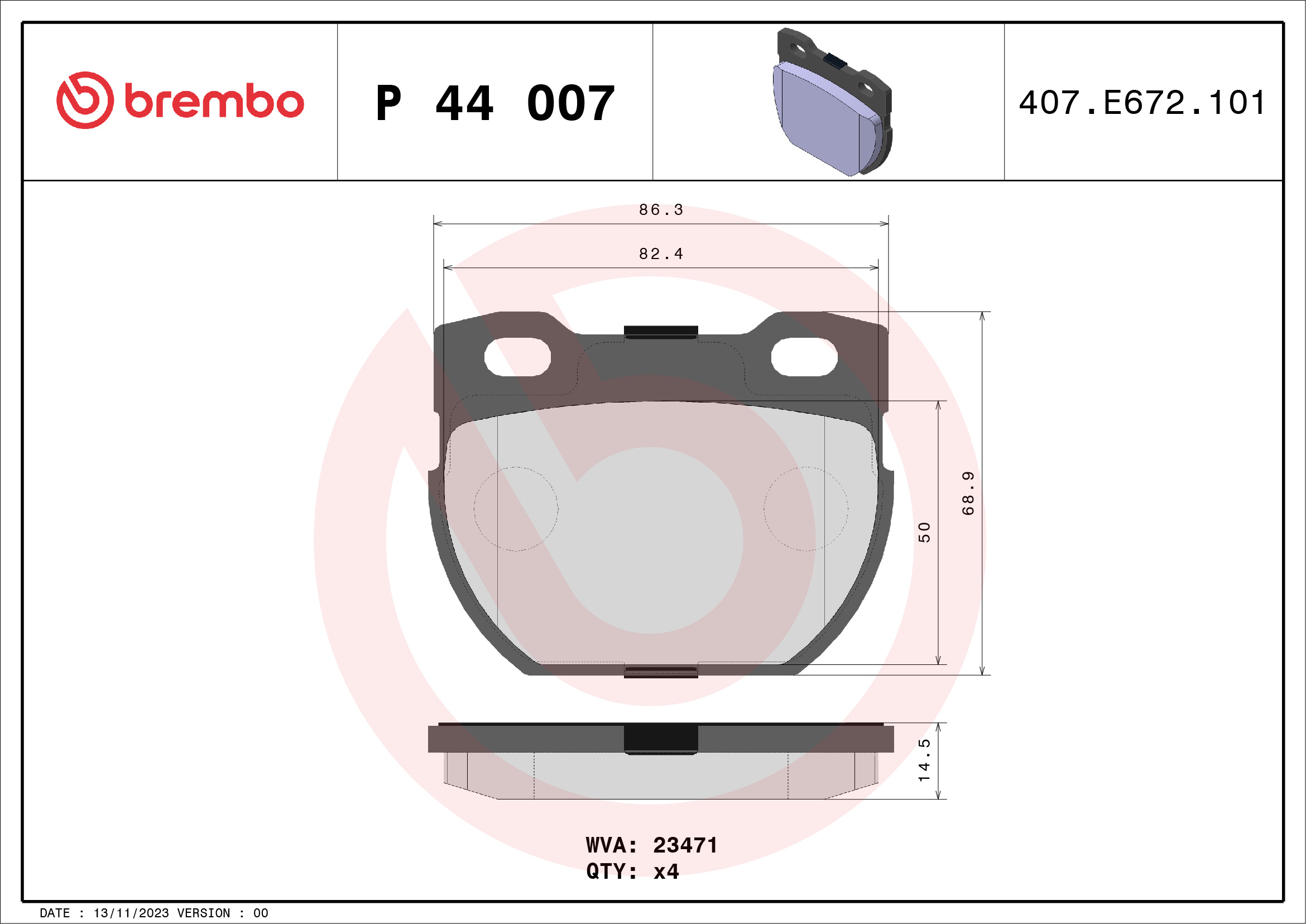 Jogo de 4 pastilhas de travão BREMBO ref. P 44 007