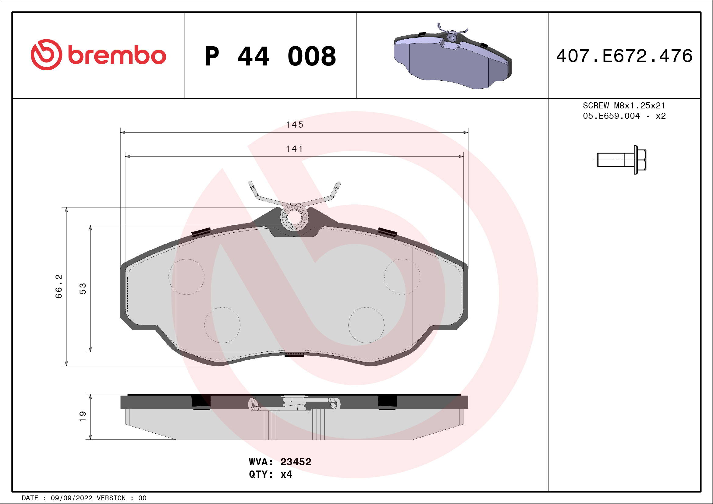 Jogo de 4 pastilhas de travão BREMBO ref. P 44 008