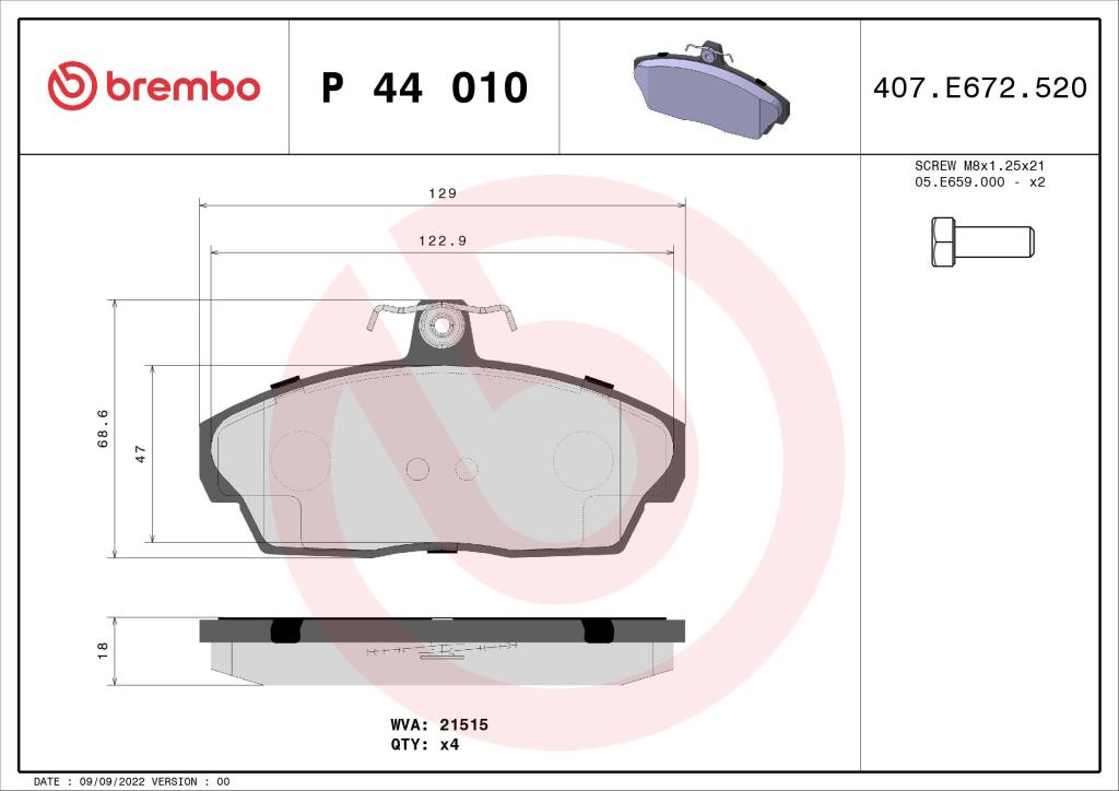 Jogo de 4 pastilhas de travão BREMBO ref. P 44 010