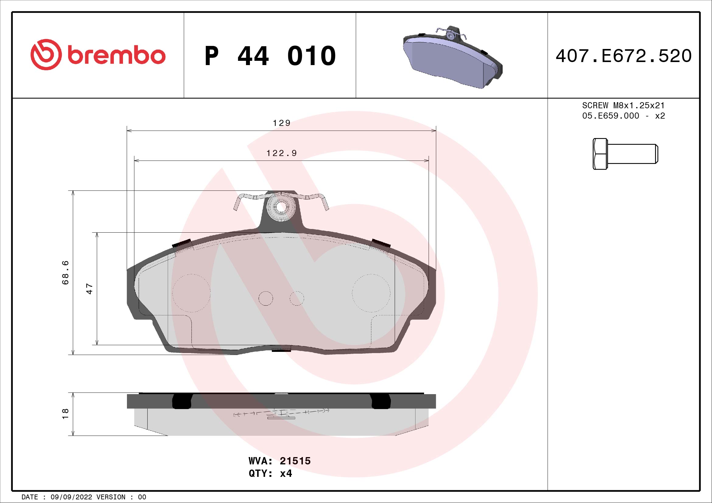 Jogo de 4 pastilhas de travão BREMBO ref. P 44 010