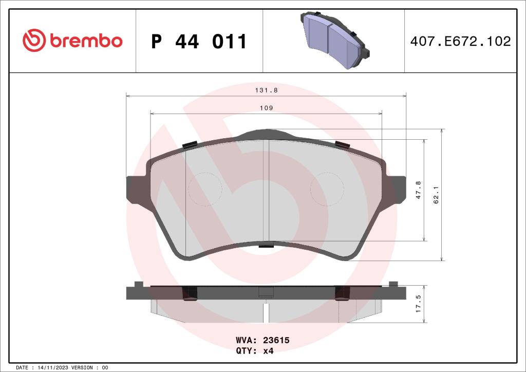 Jogo de 4 pastilhas de travão BREMBO ref. P 44 011