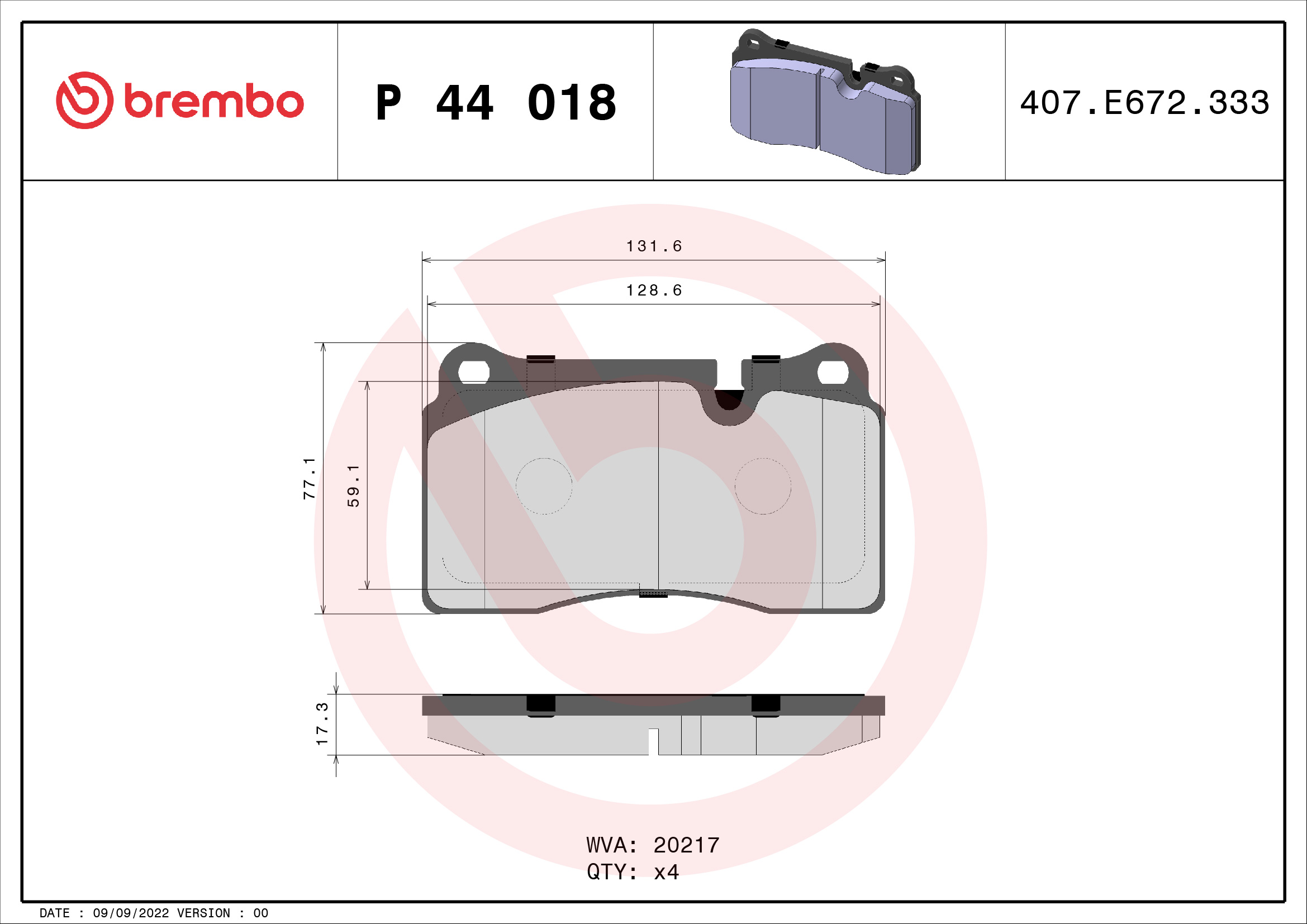 Jeu de 4 plaquettes de frein BREMBO ref. P 44 018