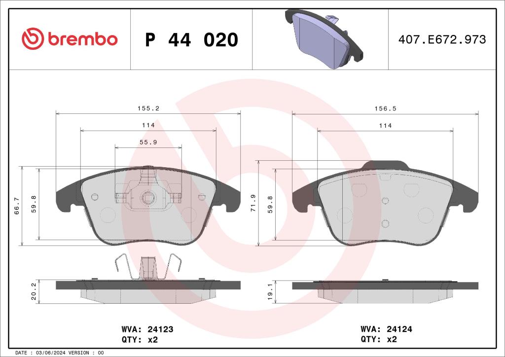 Jogo de 4 pastilhas de travão BREMBO ref. P 44 020