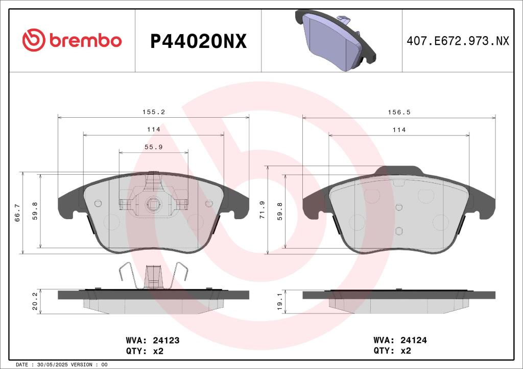 Jogo de 4 pastilhas de travão BREMBO ref. P44020NX