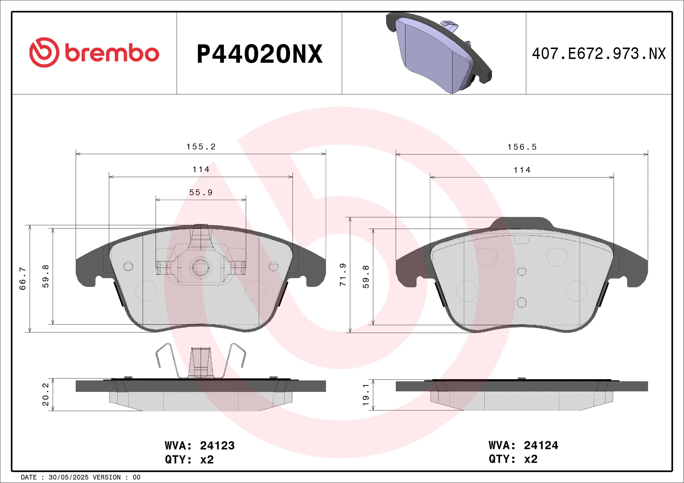 Jogo de 4 pastilhas de travão BREMBO ref. P44020NX