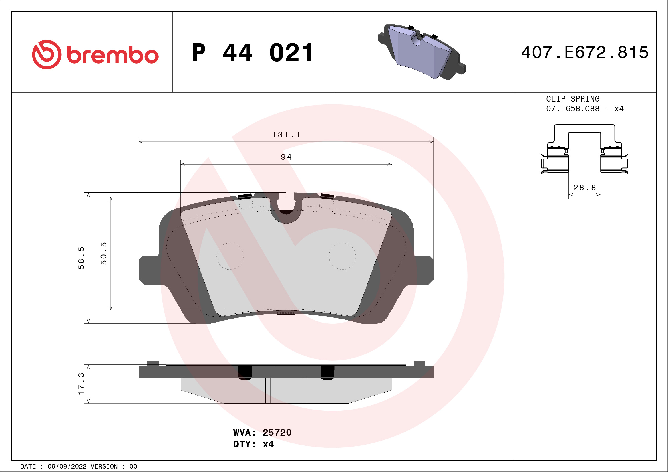 Jeu de 4 plaquettes de frein BREMBO ref. P 44 021