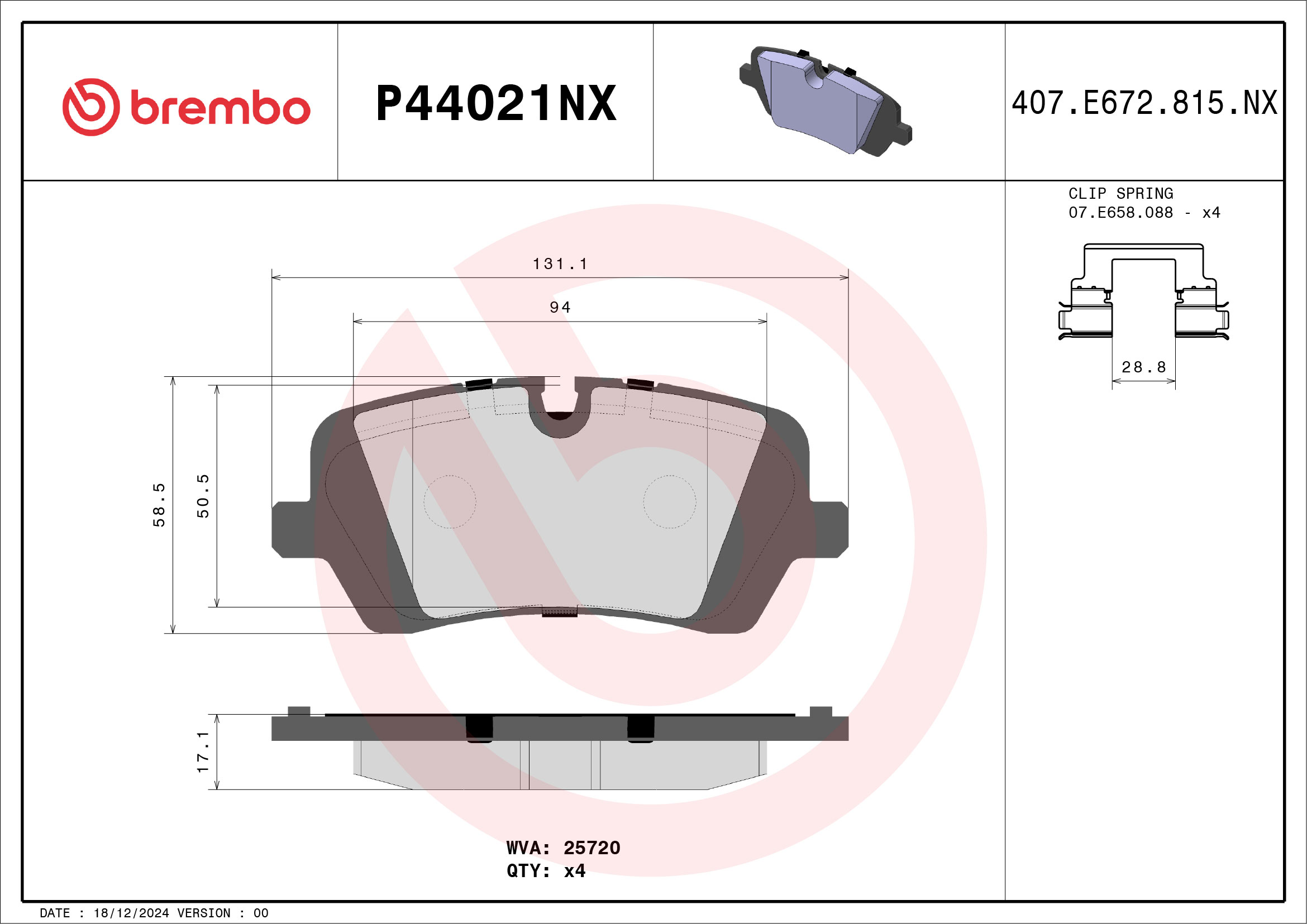 Jogo de 4 pastilhas de travão BREMBO ref. P44021NX