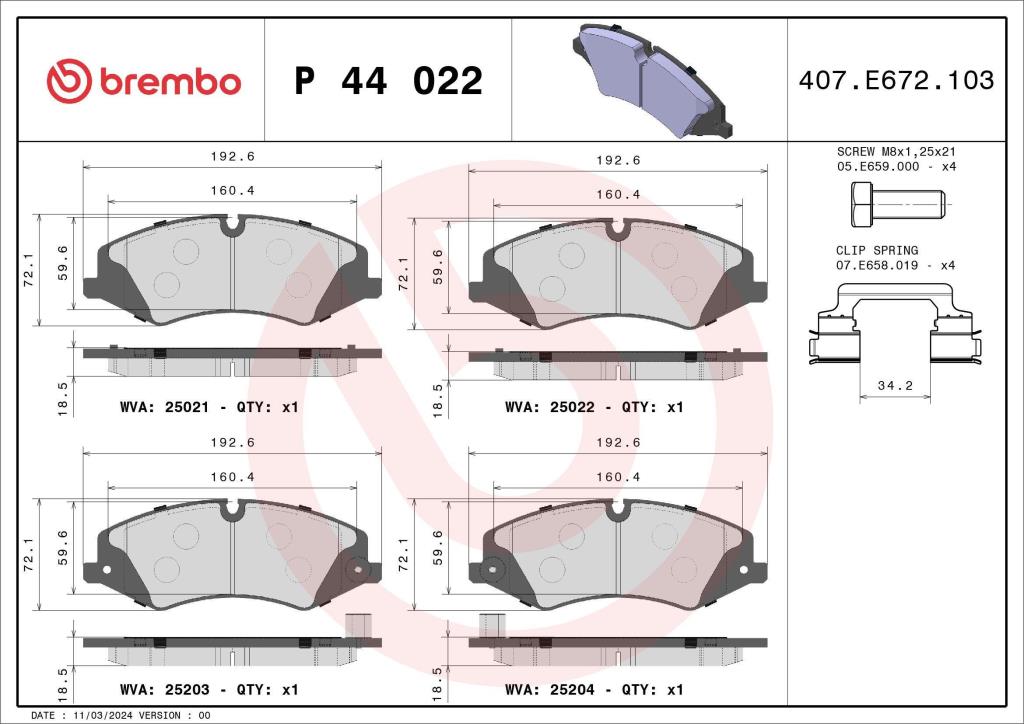 Jeu de 4 plaquettes de frein BREMBO ref. P 44 022