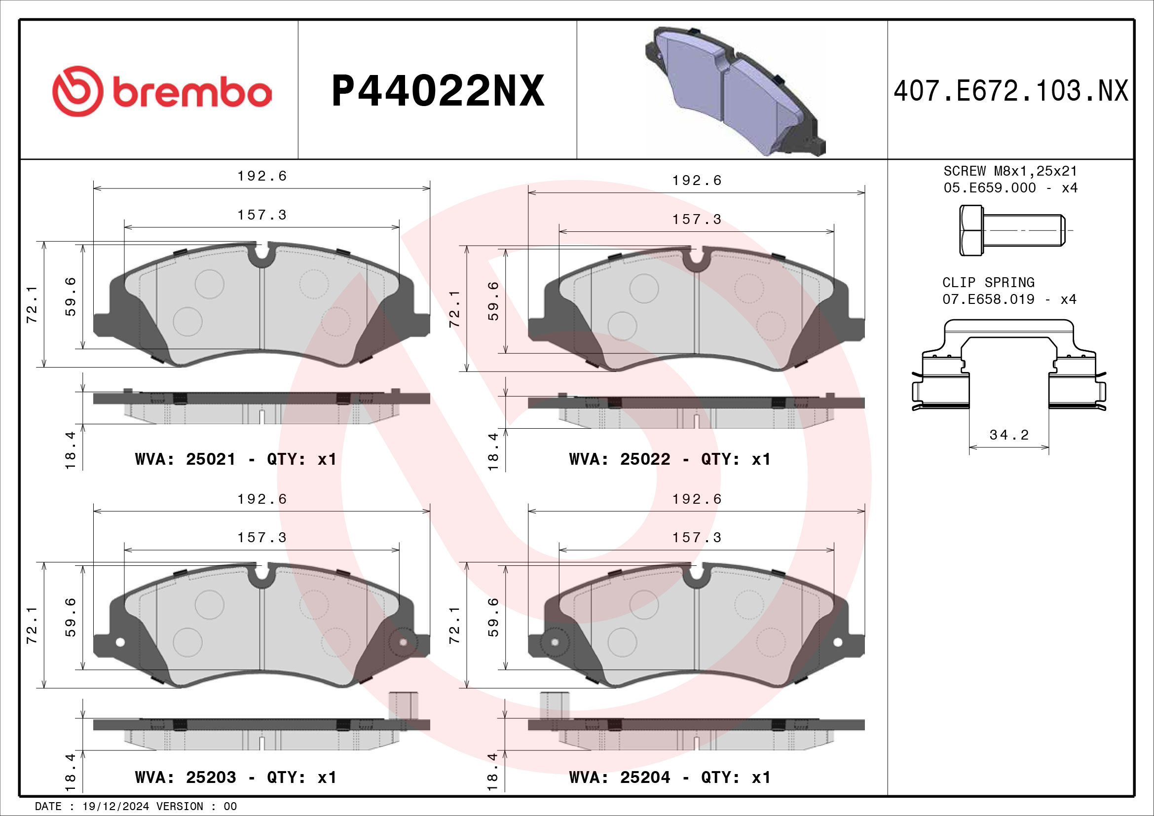 Jogo de 4 pastilhas de travão BREMBO ref. P44022NX