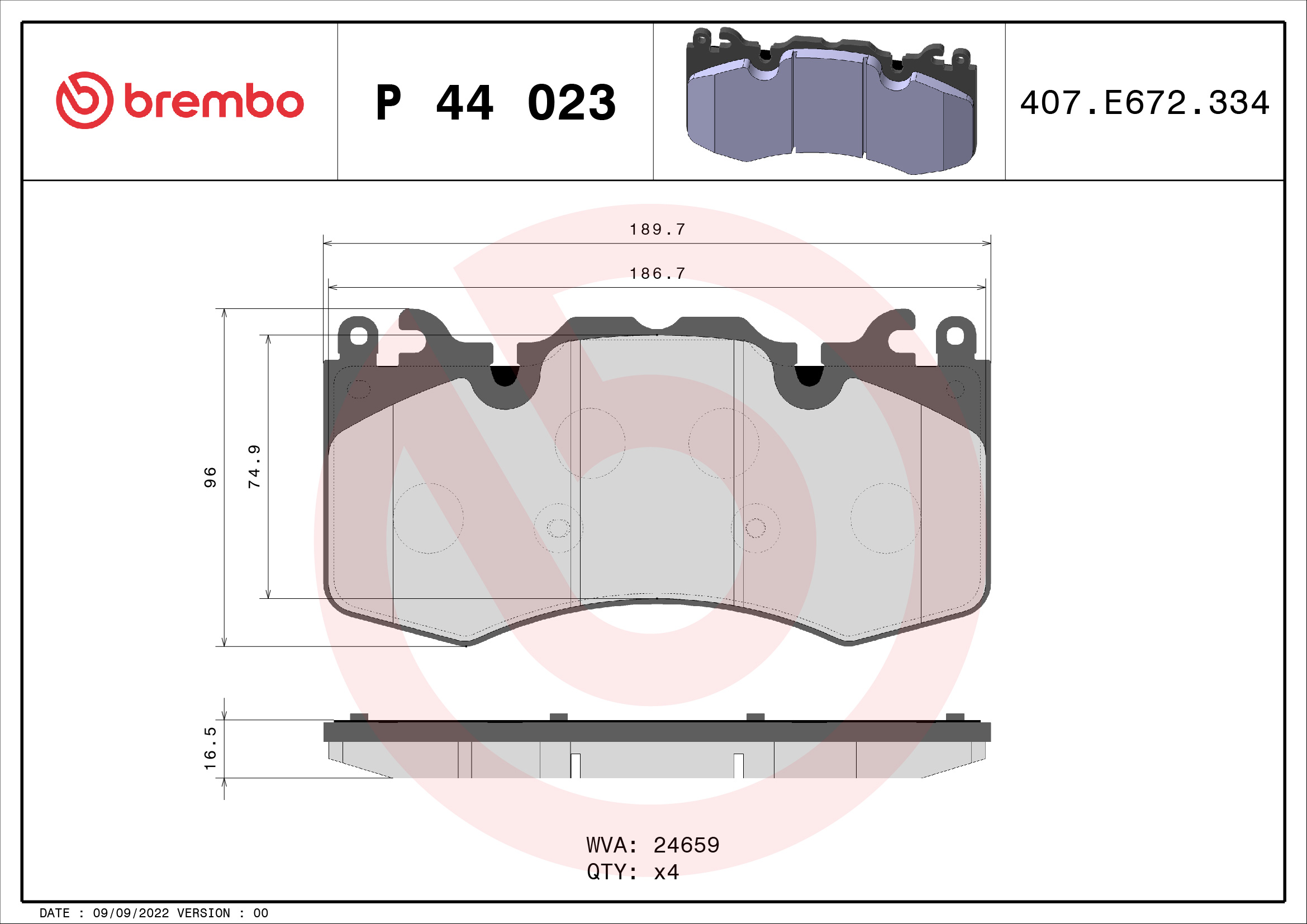 Jogo de 4 pastilhas de travão BREMBO ref. P 44 023