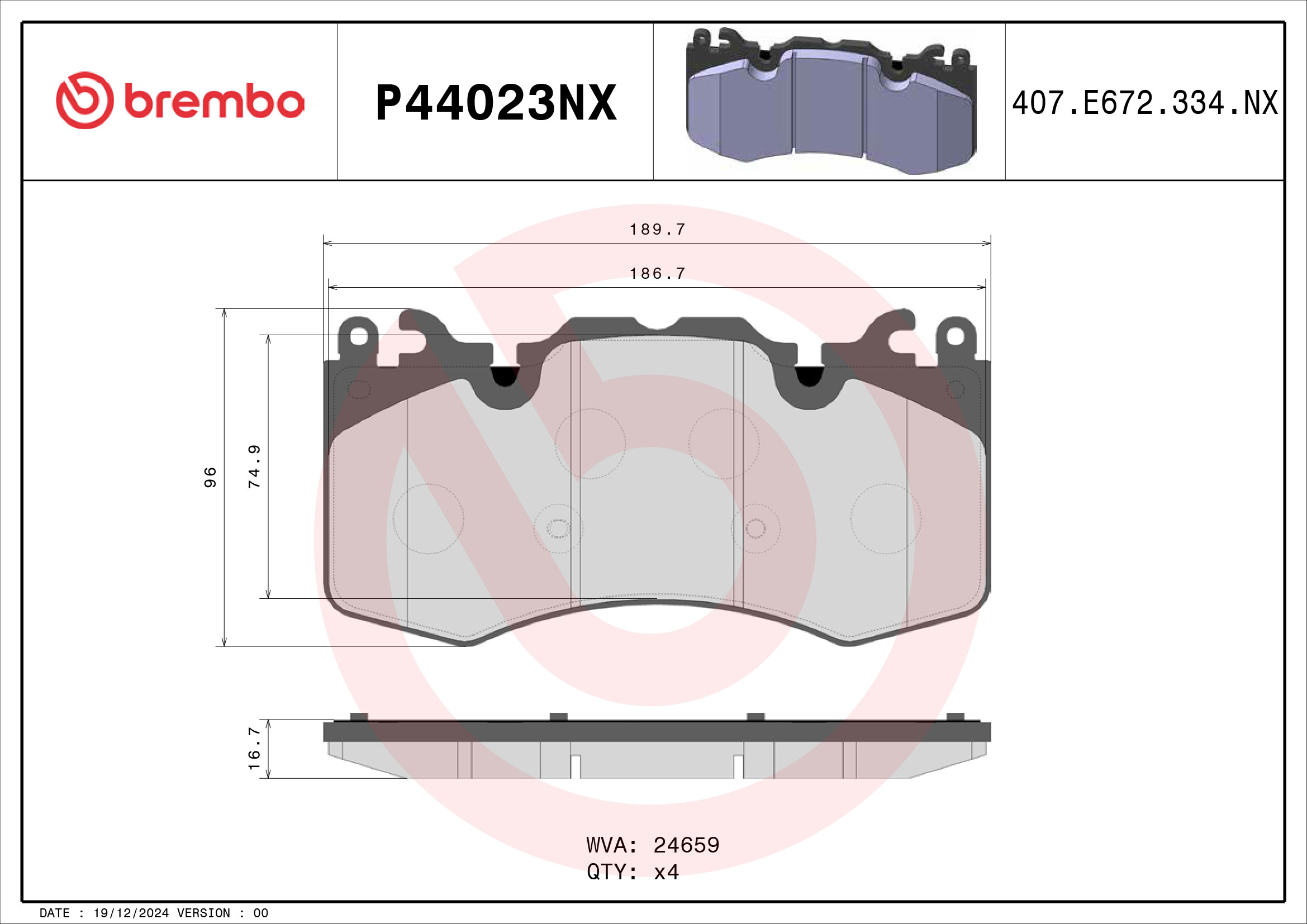 Jogo de 4 pastilhas de travão BREMBO ref. P44023NX