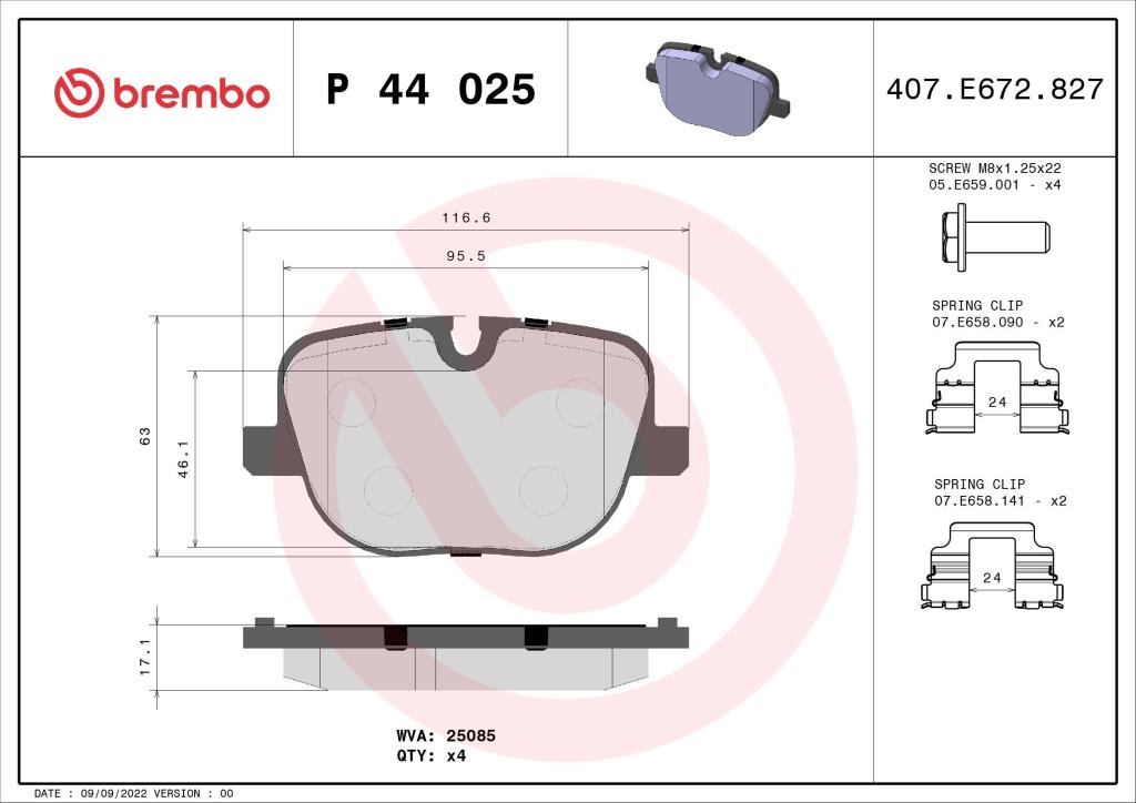 Jogo de 4 pastilhas de travão BREMBO ref. P 44 025