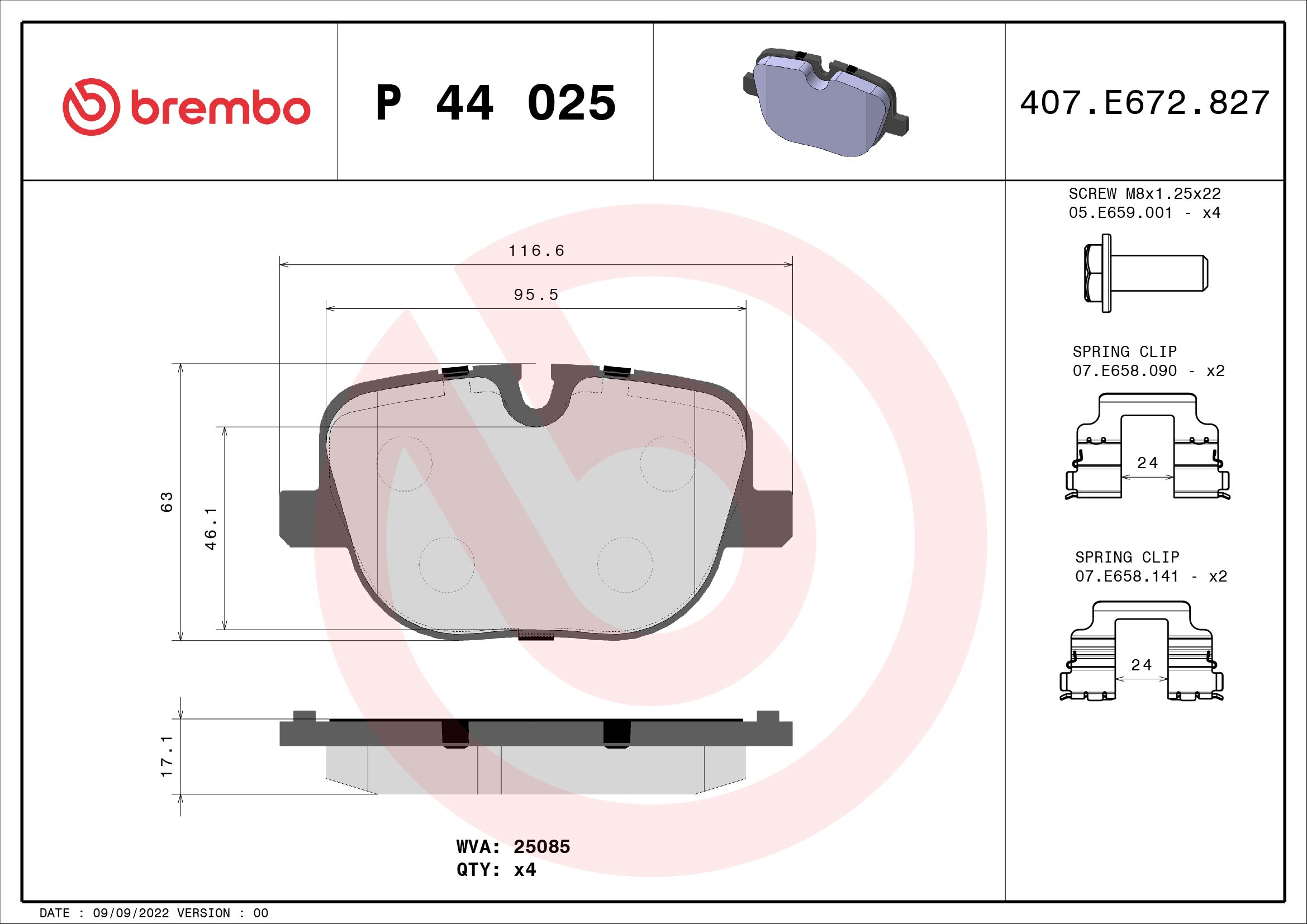 Jogo de 4 pastilhas de travão BREMBO ref. P 44 025