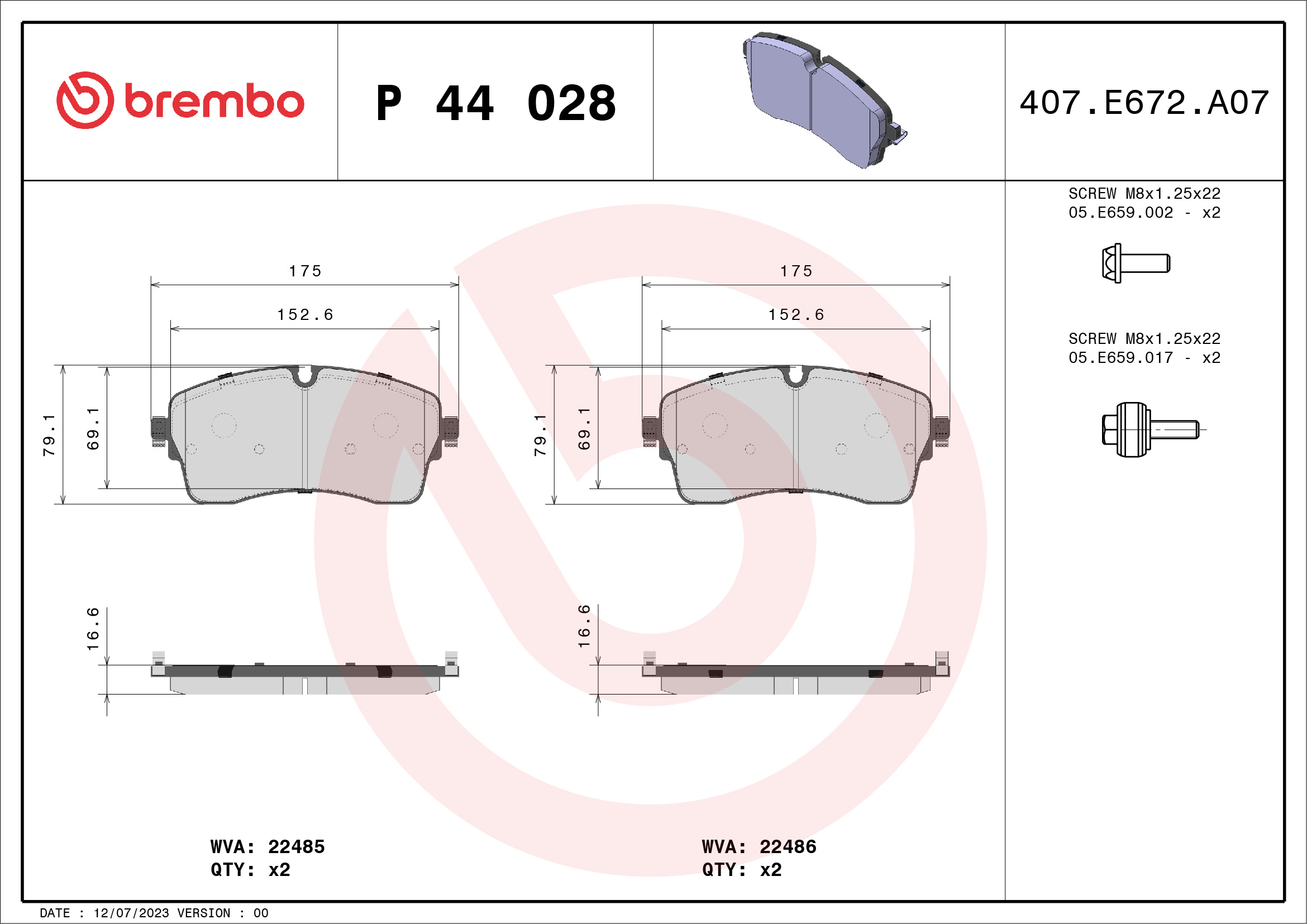 Jogo de 4 pastilhas de travão BREMBO ref. P 44 028