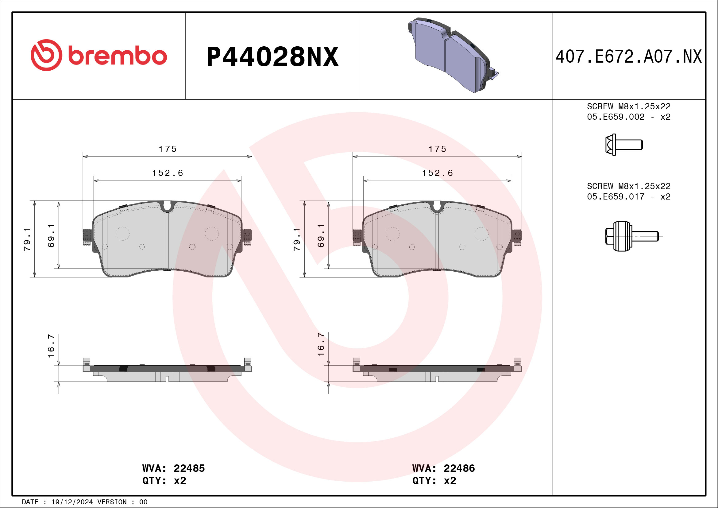 Jogo de 4 pastilhas de travão BREMBO ref. P44028NX