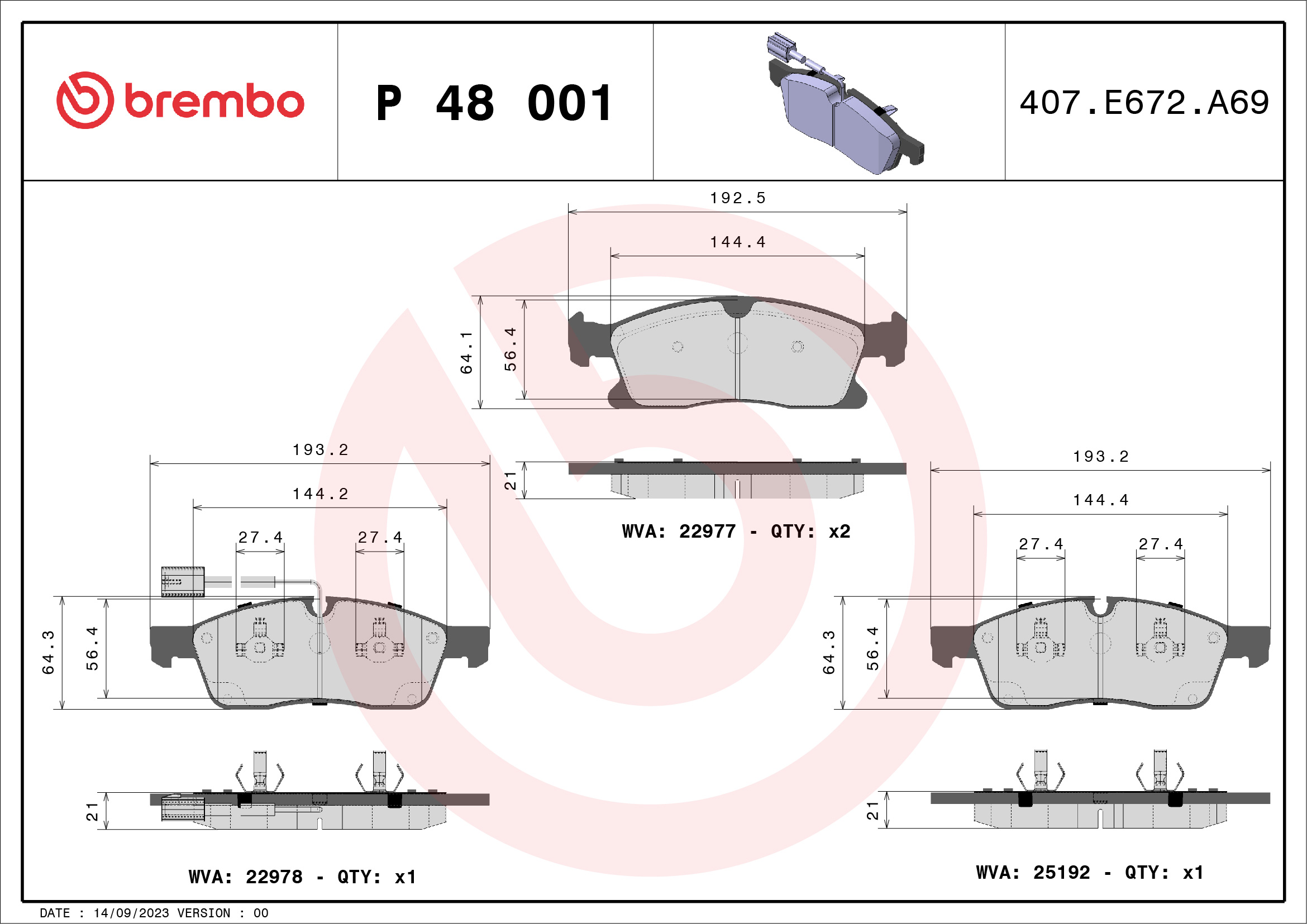 Jogo de 4 pastilhas de travão BREMBO ref. P 48 001