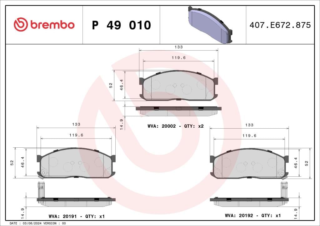 Jeu de 4 plaquettes de frein BREMBO ref. P 49 010
