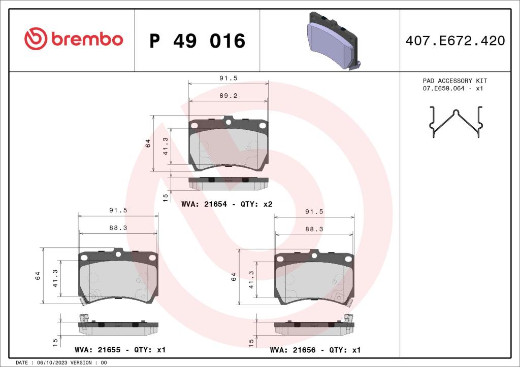 Jeu de 4 plaquettes de frein BREMBO ref. P 49 016