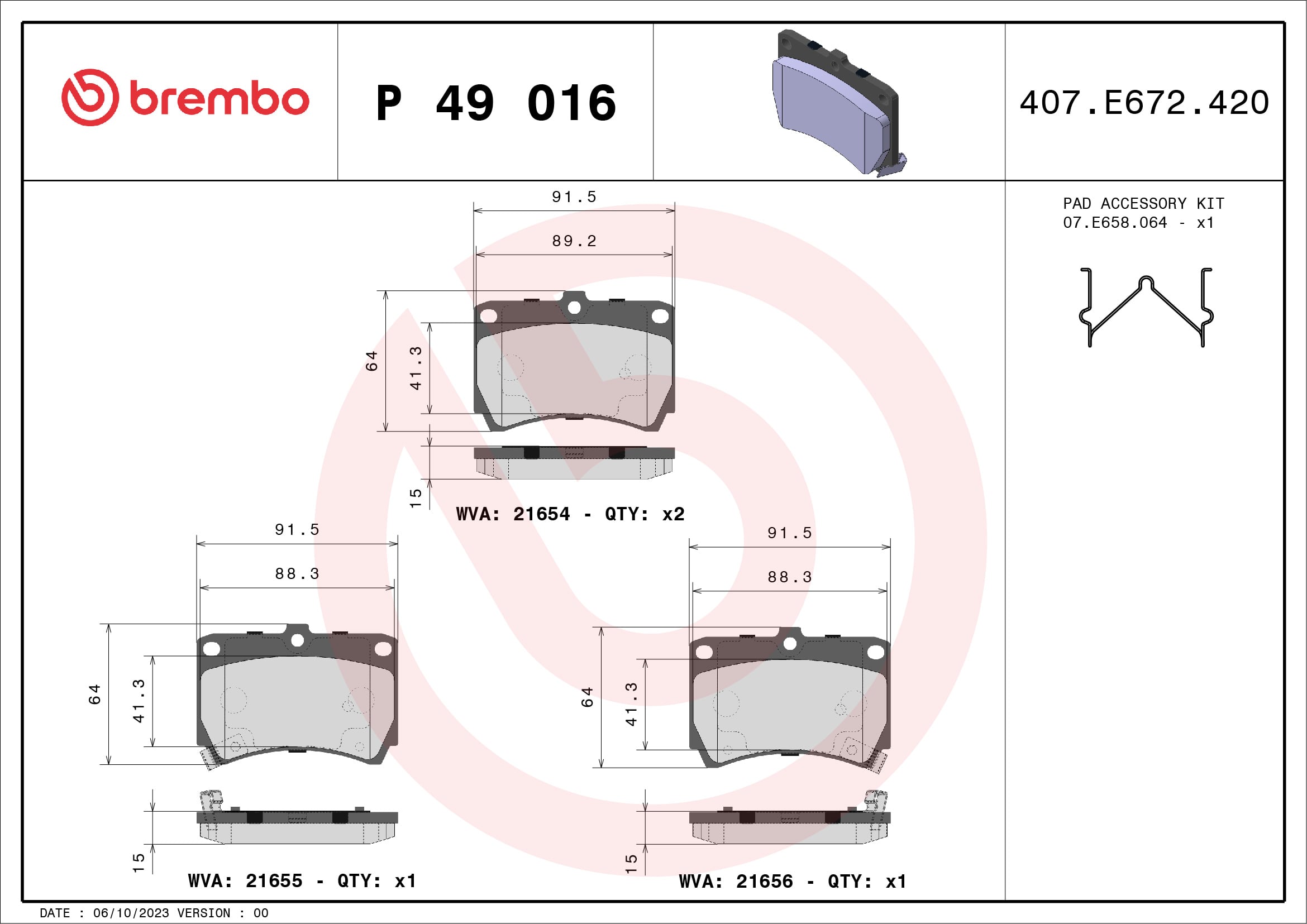 Jeu de 4 plaquettes de frein BREMBO ref. P 49 016