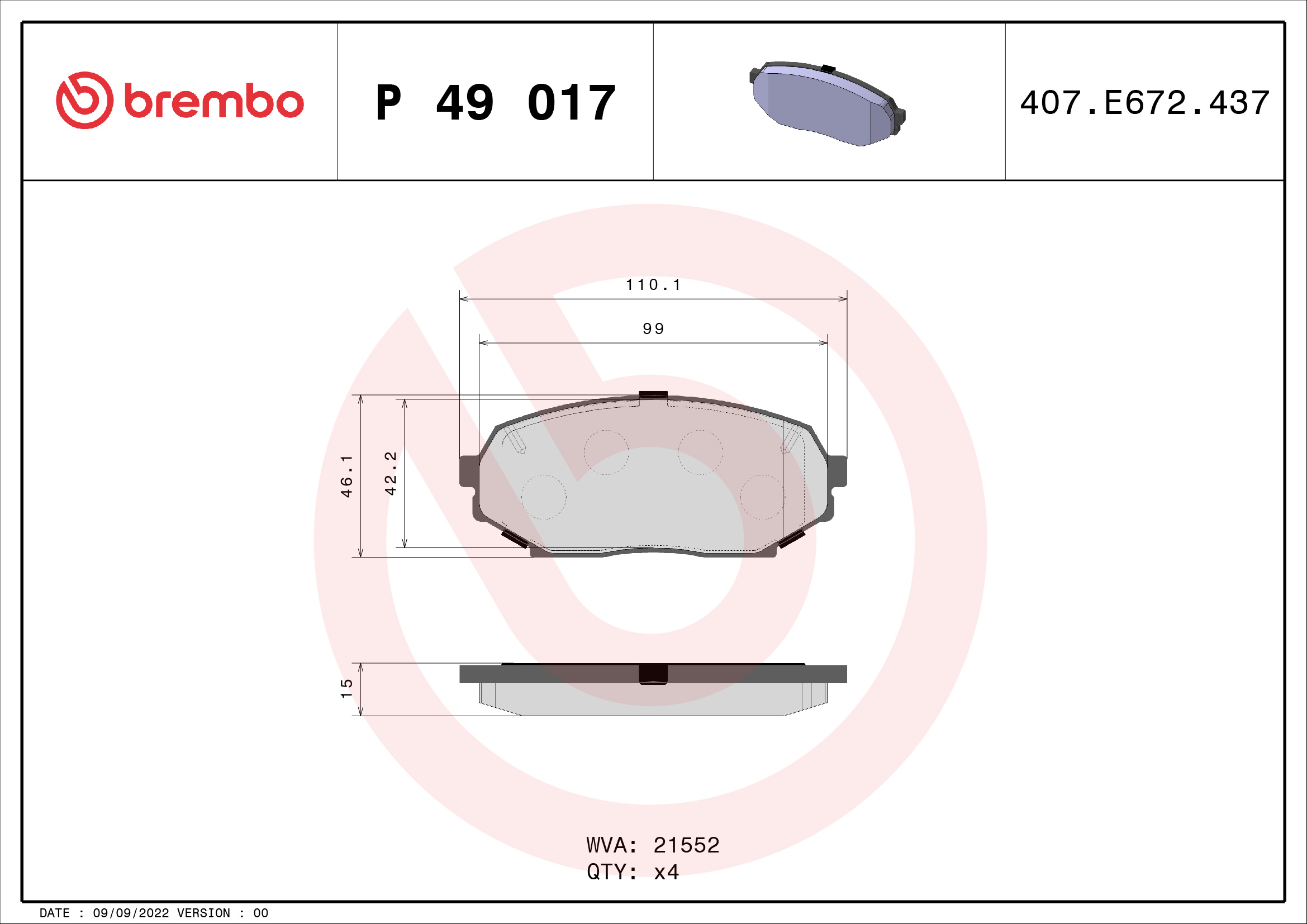 Jeu de 4 plaquettes de frein BREMBO ref. P 49 017