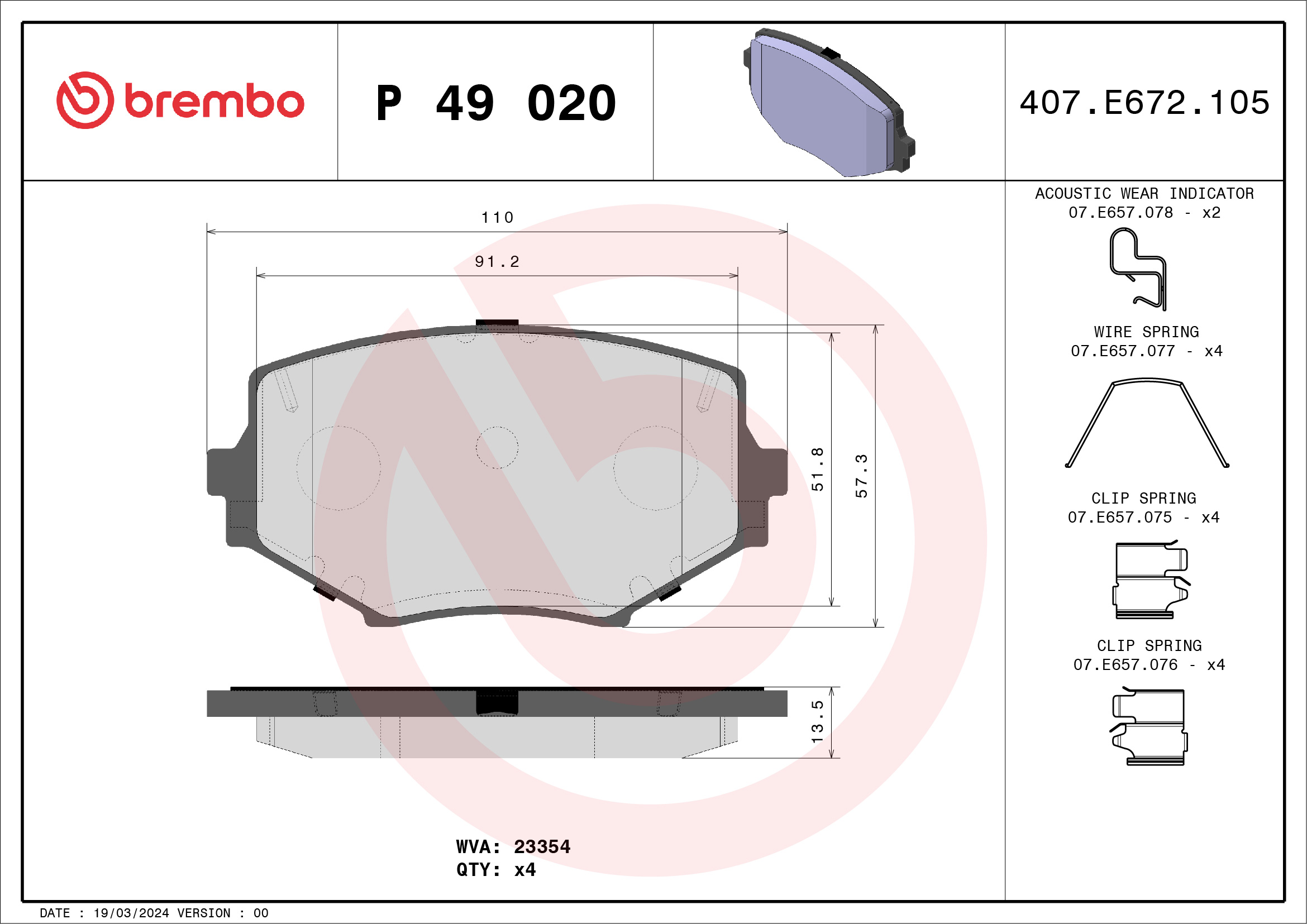Jogo de 4 pastilhas de travão BREMBO ref. P 49 020