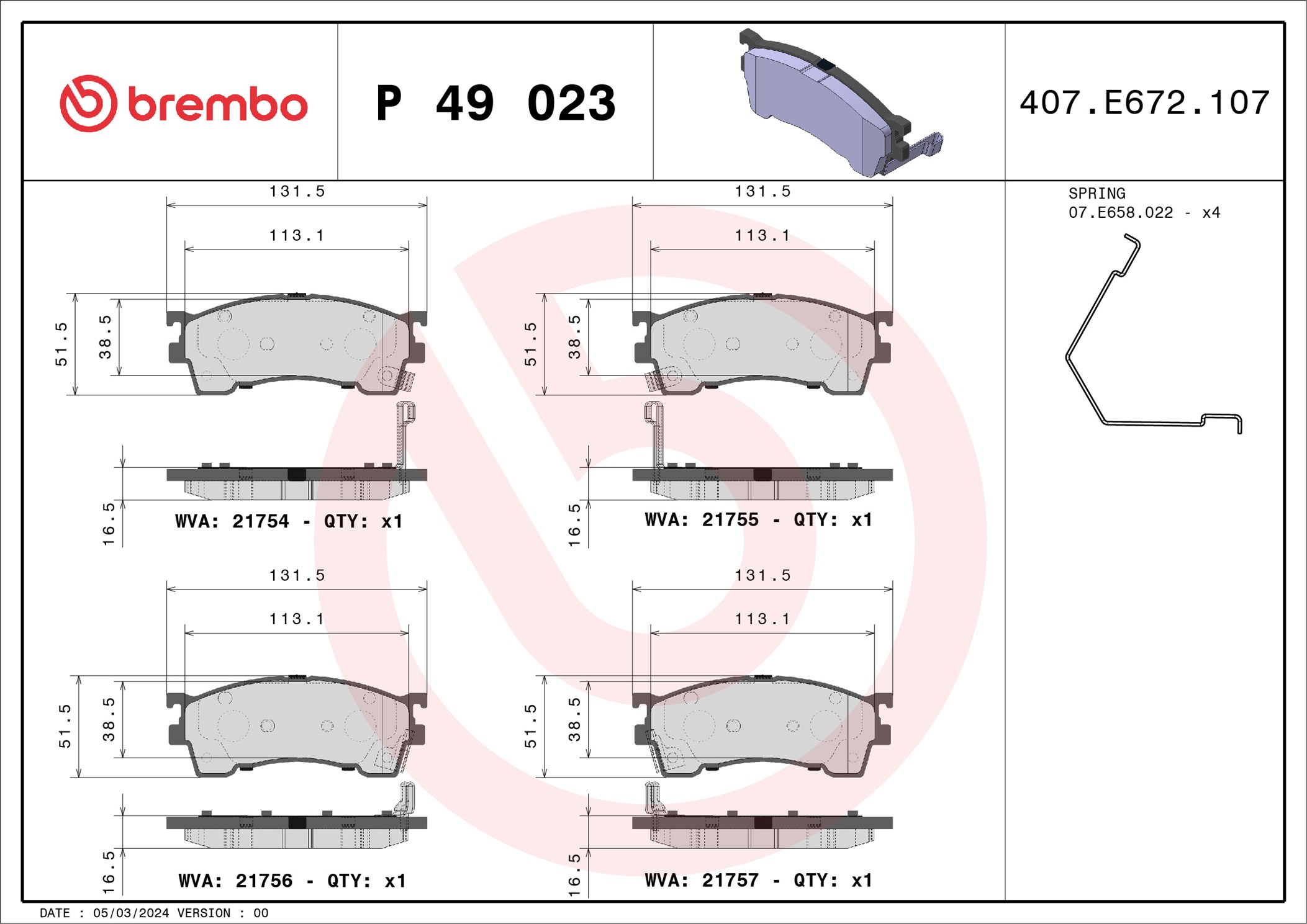 Jogo de 4 pastilhas de travão BREMBO ref. P 49 023
