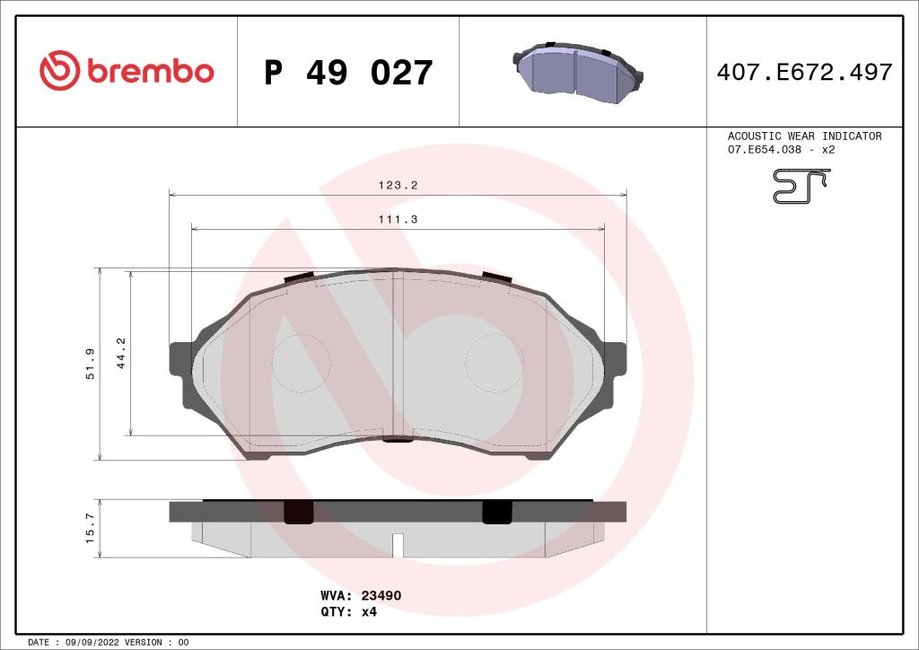 Jogo de 4 pastilhas de travão BREMBO ref. P 49 027