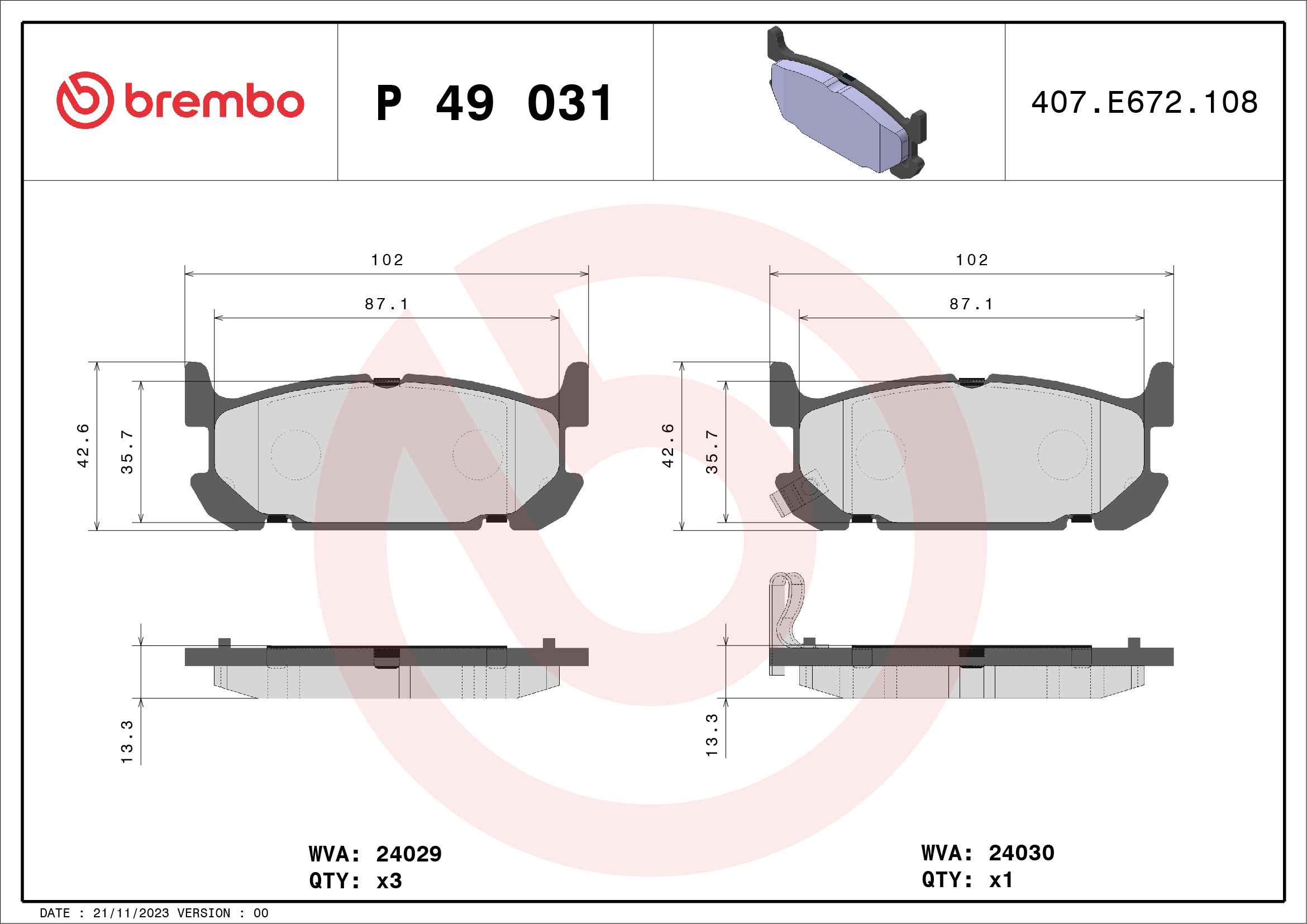 Jogo de 4 pastilhas de travão BREMBO ref. P 49 031
