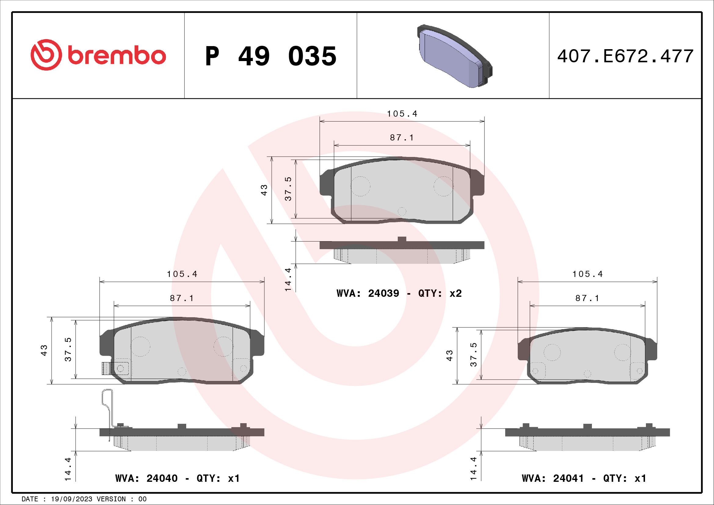 Jogo de 4 pastilhas de travão BREMBO ref. P 49 035