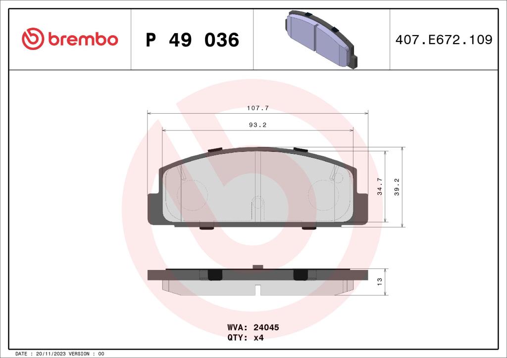 Jeu de 4 plaquettes de frein BREMBO ref. P 49 036