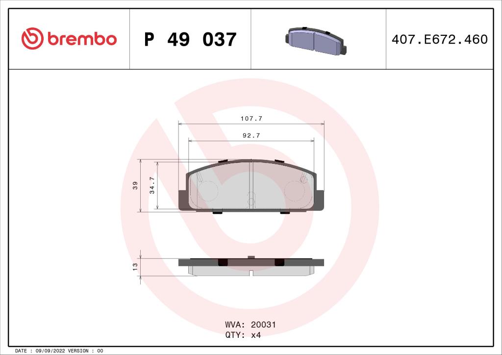 Jogo de 4 pastilhas de travão BREMBO ref. P 49 037