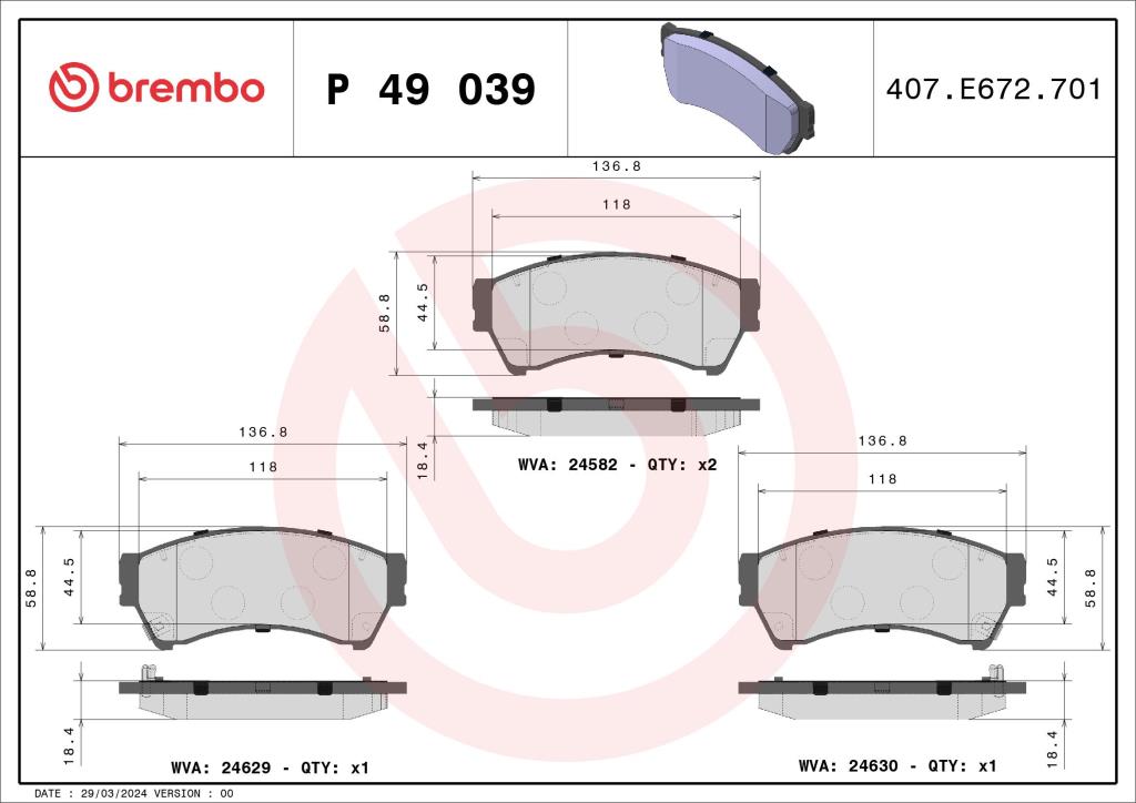 Jogo de 4 pastilhas de travão BREMBO ref. P 49 039