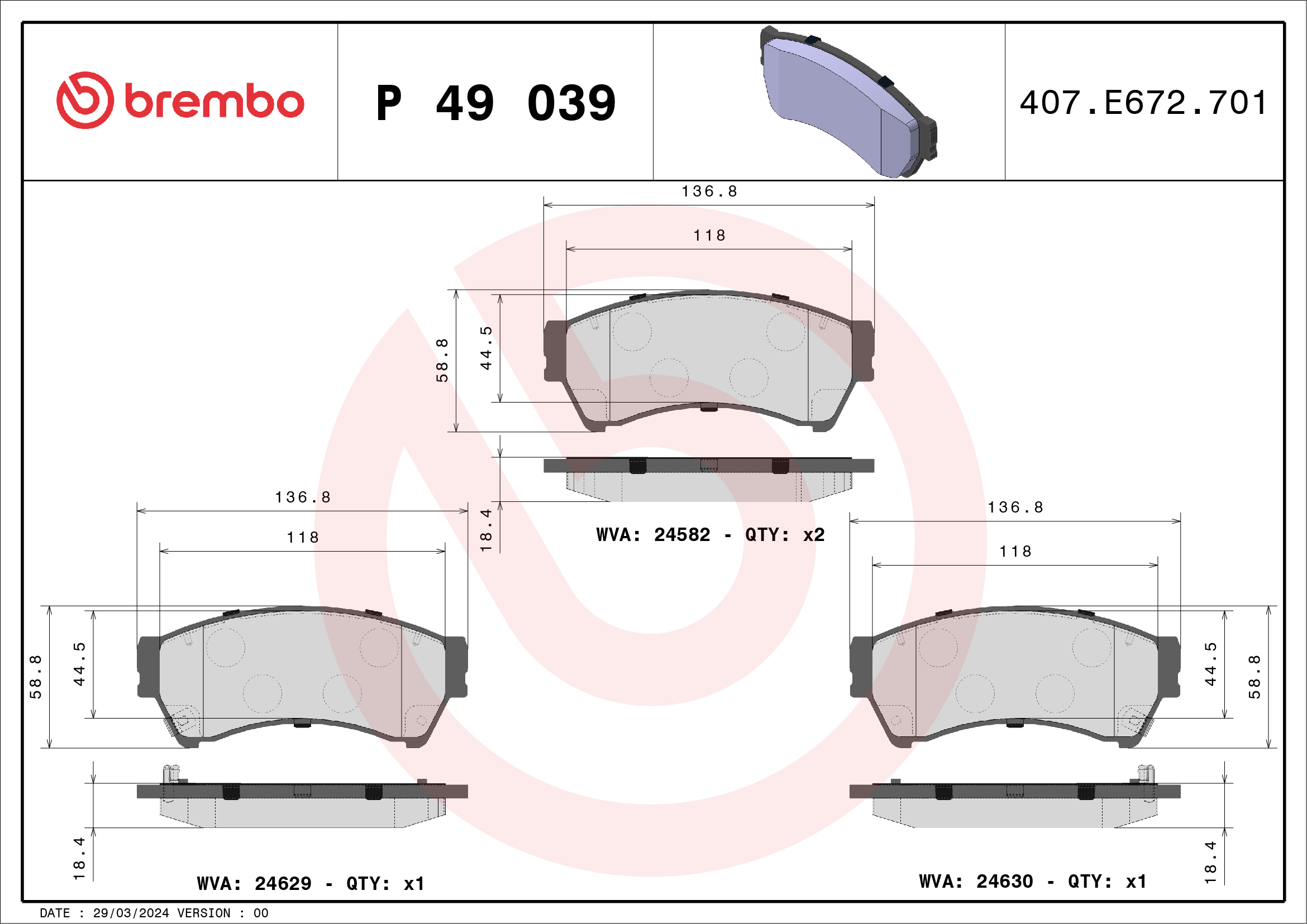 Jogo de 4 pastilhas de travão BREMBO ref. P 49 039