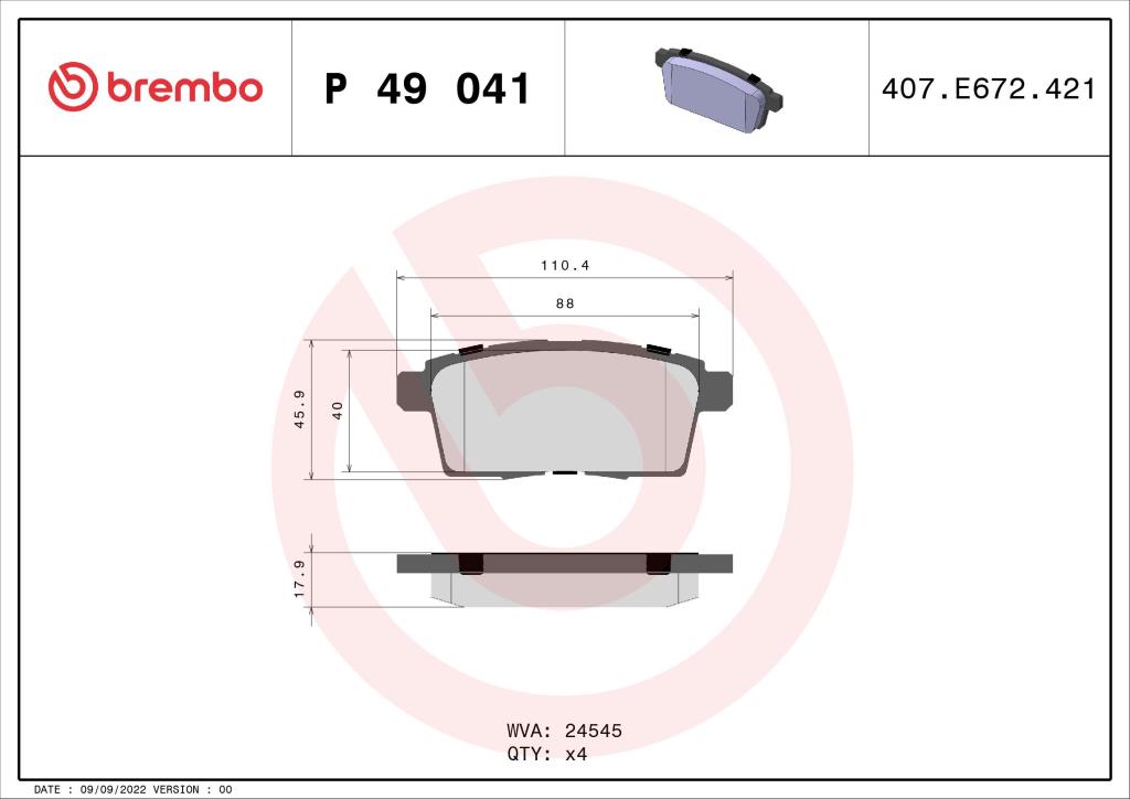 Jogo de 4 pastilhas de travão BREMBO ref. P 49 041