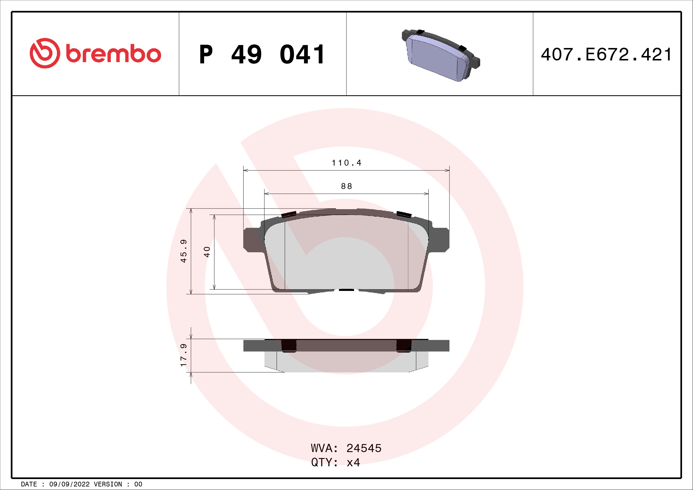 Jogo de 4 pastilhas de travão BREMBO ref. P 49 041