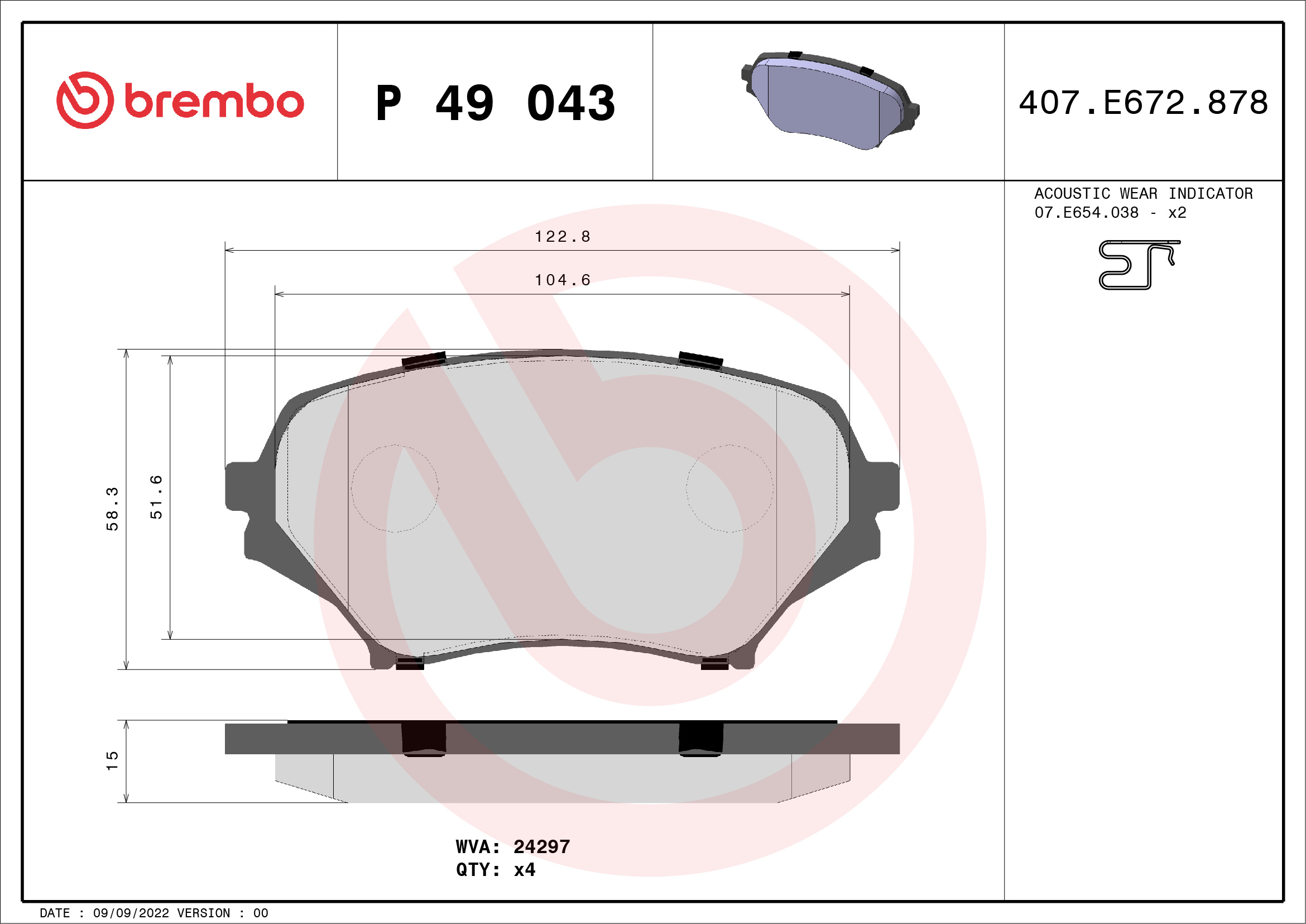 Jogo de 4 pastilhas de travão BREMBO ref. P 49 043