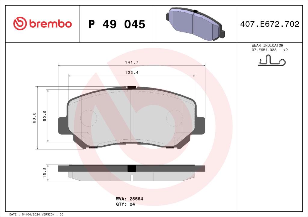 Jogo de 4 pastilhas de travão BREMBO ref. P 49 045