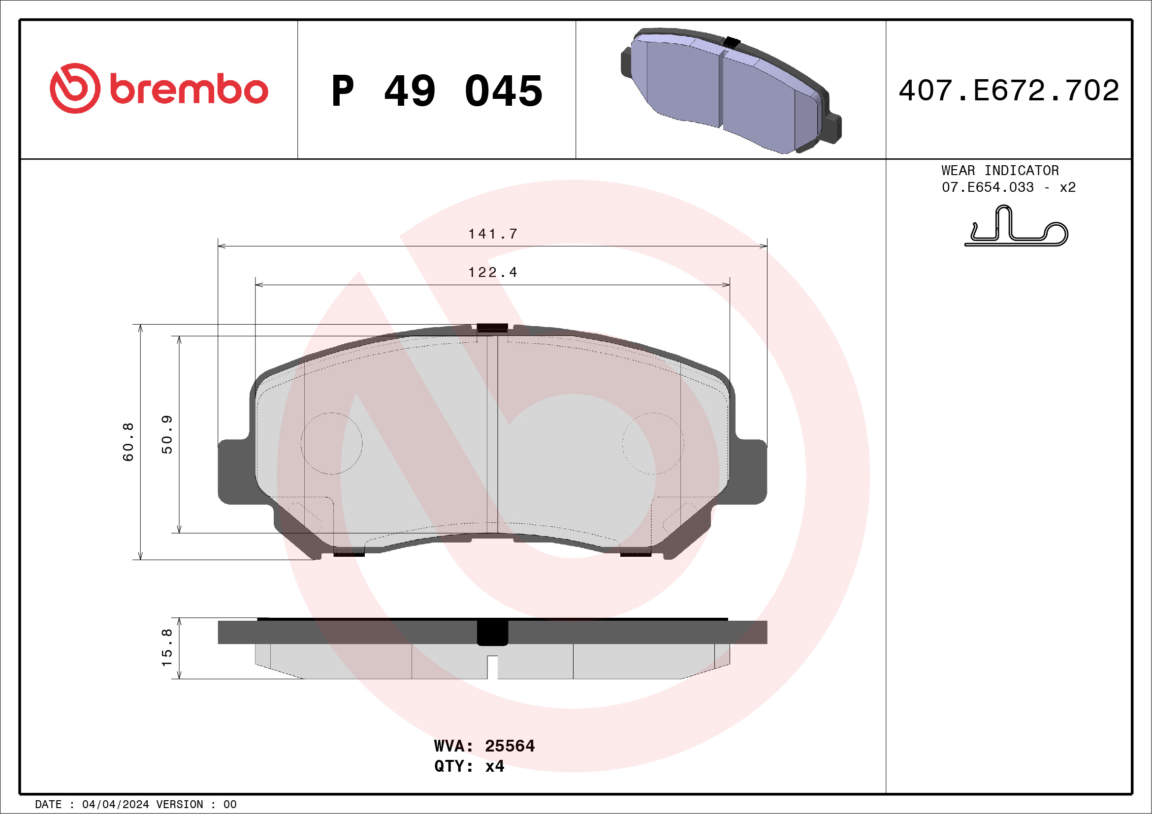 Jogo de 4 pastilhas de travão BREMBO ref. P 49 045
